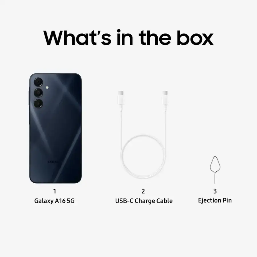 What's in the box: Samsung Galaxy A16 5G, 2 USB-C Charge Cable, 3 Ejection Pin