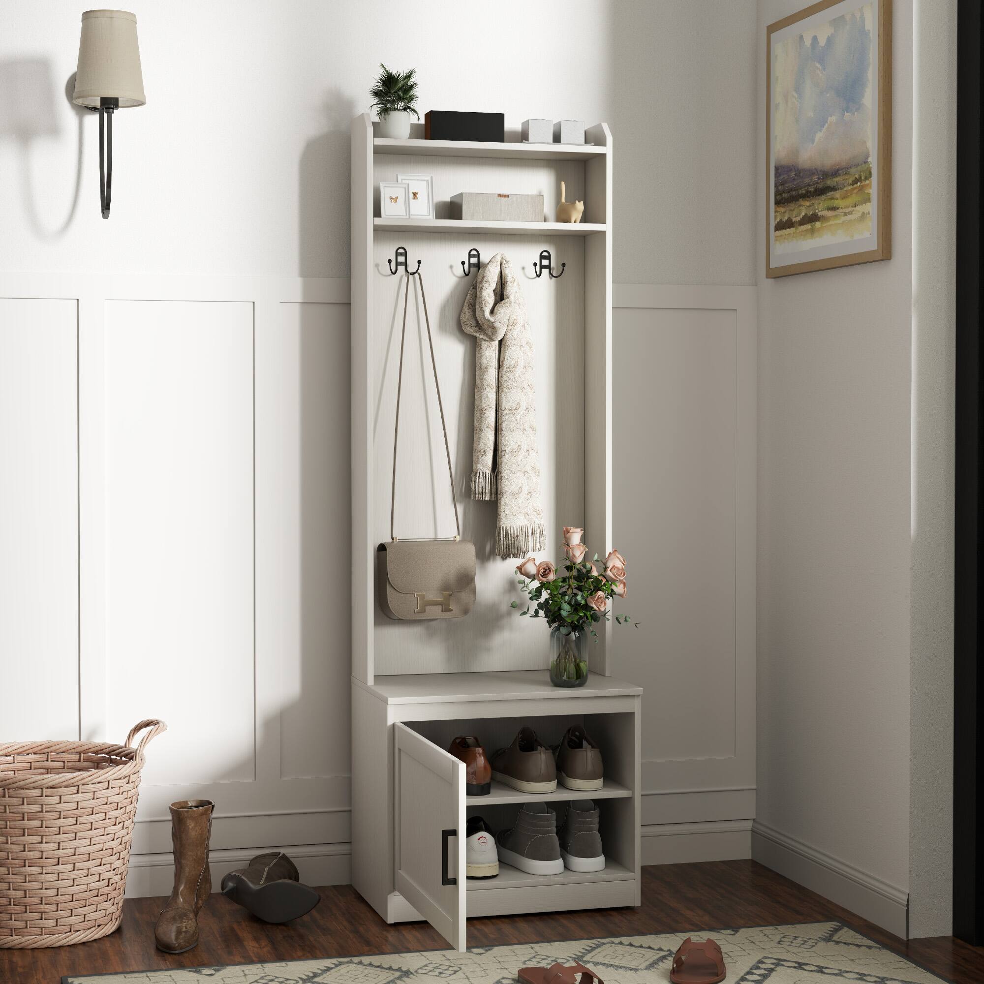 Alt View 1. Homcom - Narrow Hall Tree with Shoe Storage Bench, Rustic Entryway Bench with Coat Rack, Accent Coat Tree - White.