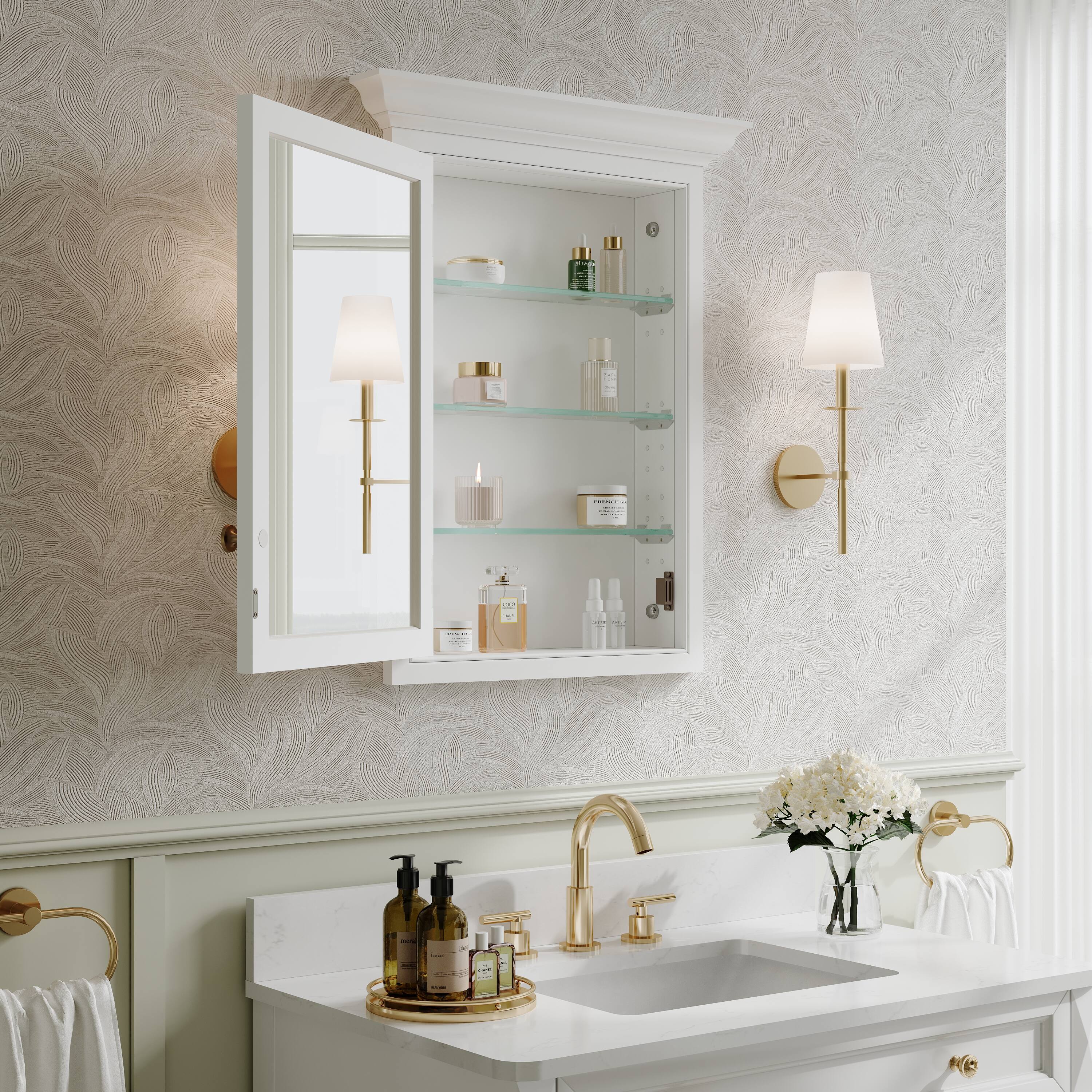 Back. WELLFOR - 24 in. W x 30 in. H Rectangular Recessed Solid Wood Bathroom Medicine Cabinet with Mirror, Bi-view Glass Magnetic Door - White.