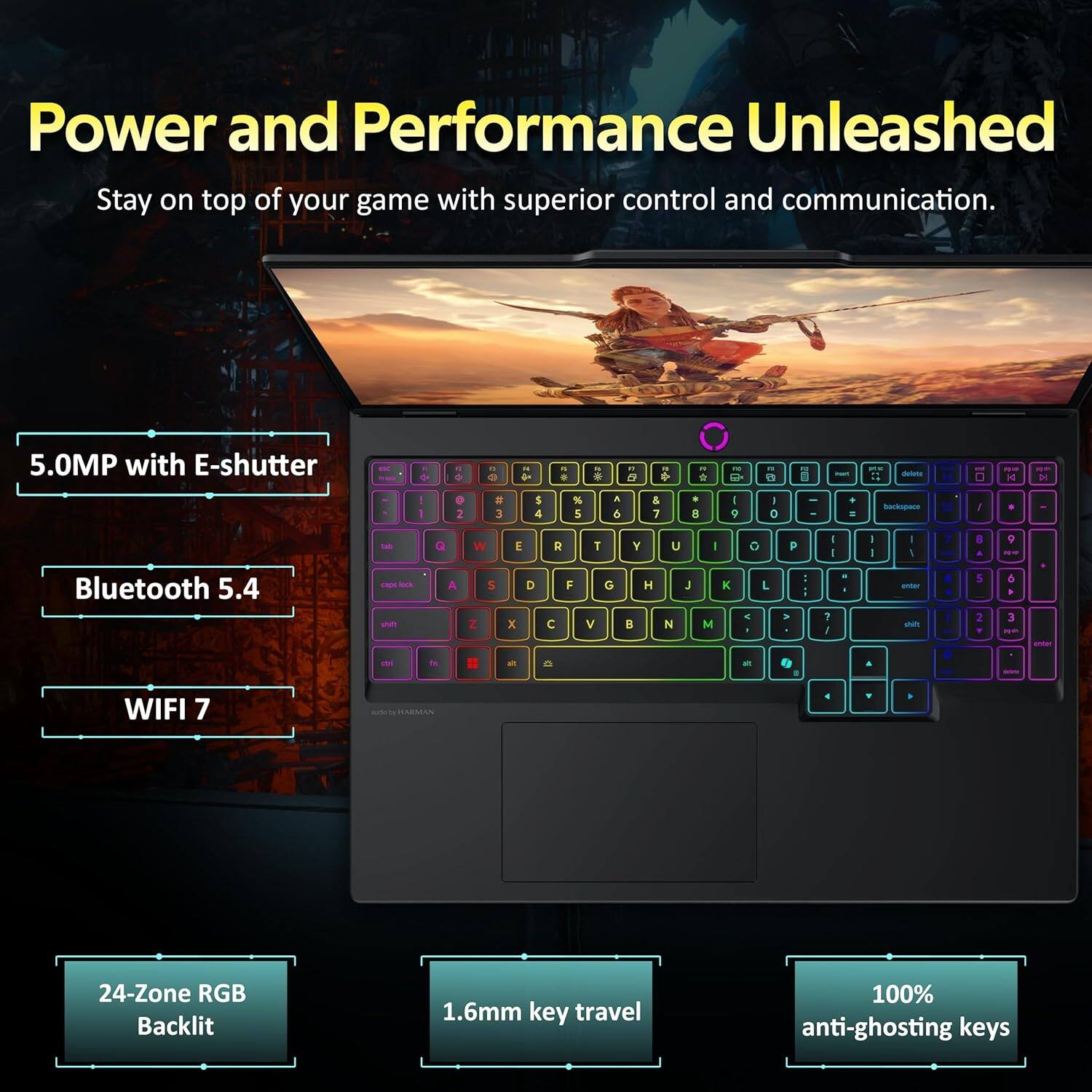 Power and Performance Unleashed  
Stay on top of your game with superior control and communication.

- 5.0MP with E-shutter
- Bluetooth 5.4
- WIFI 7
- 24-Zone RGB Backlit
- 1.6mm key travel
- 100% anti-ghosting keys