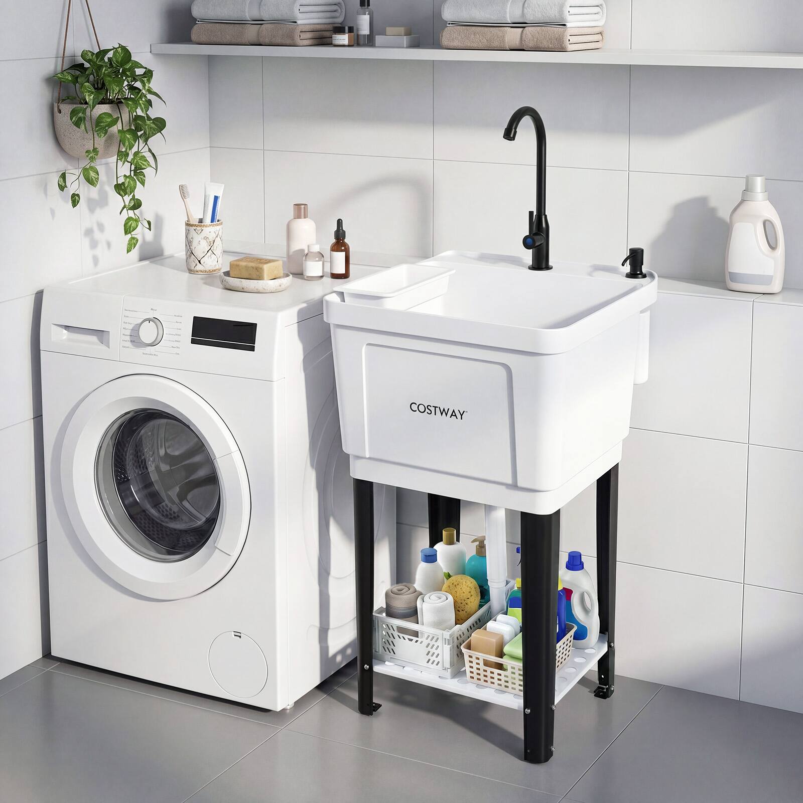 Alt View 4. Costway - Costway Utility Sink, Laundry Tub with Rotating Faucet, Storage Shelf, Adjustable Legs - White + Black.