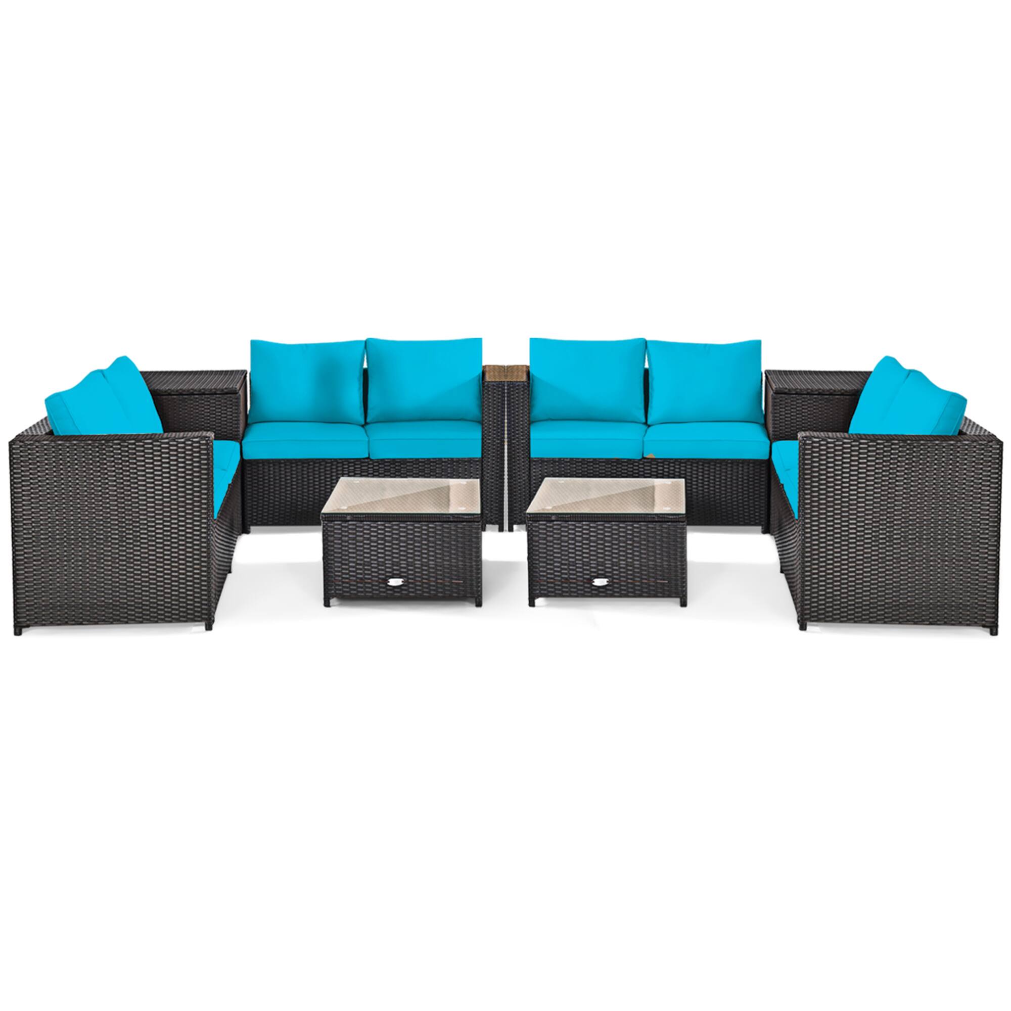 Alt View 1. Gymax - Gymax 8PCS Cushioned Rattan Patio Conversation Set w/ Side Table Turquoise Cushion - Brown.