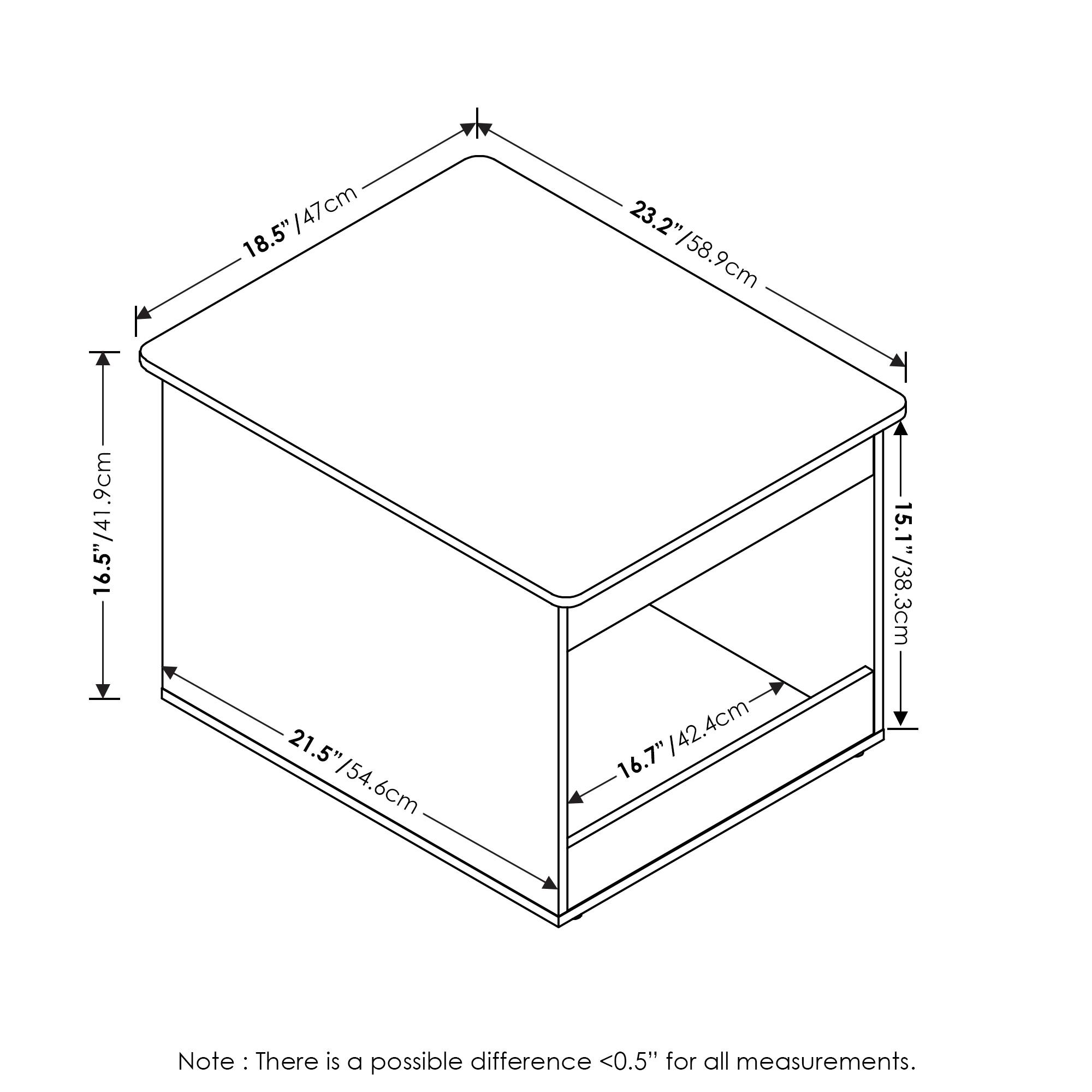 - 18.5" / 47 cm
- 23.2" / 58.9 cm
- 16.5" / 41.9 cm
- 21.5" / 54.6 cm
- 16.7" / 42.4 cm
- 15.1" / 38.3 cm

Note: There is a possible difference <0.5" for all measurements.