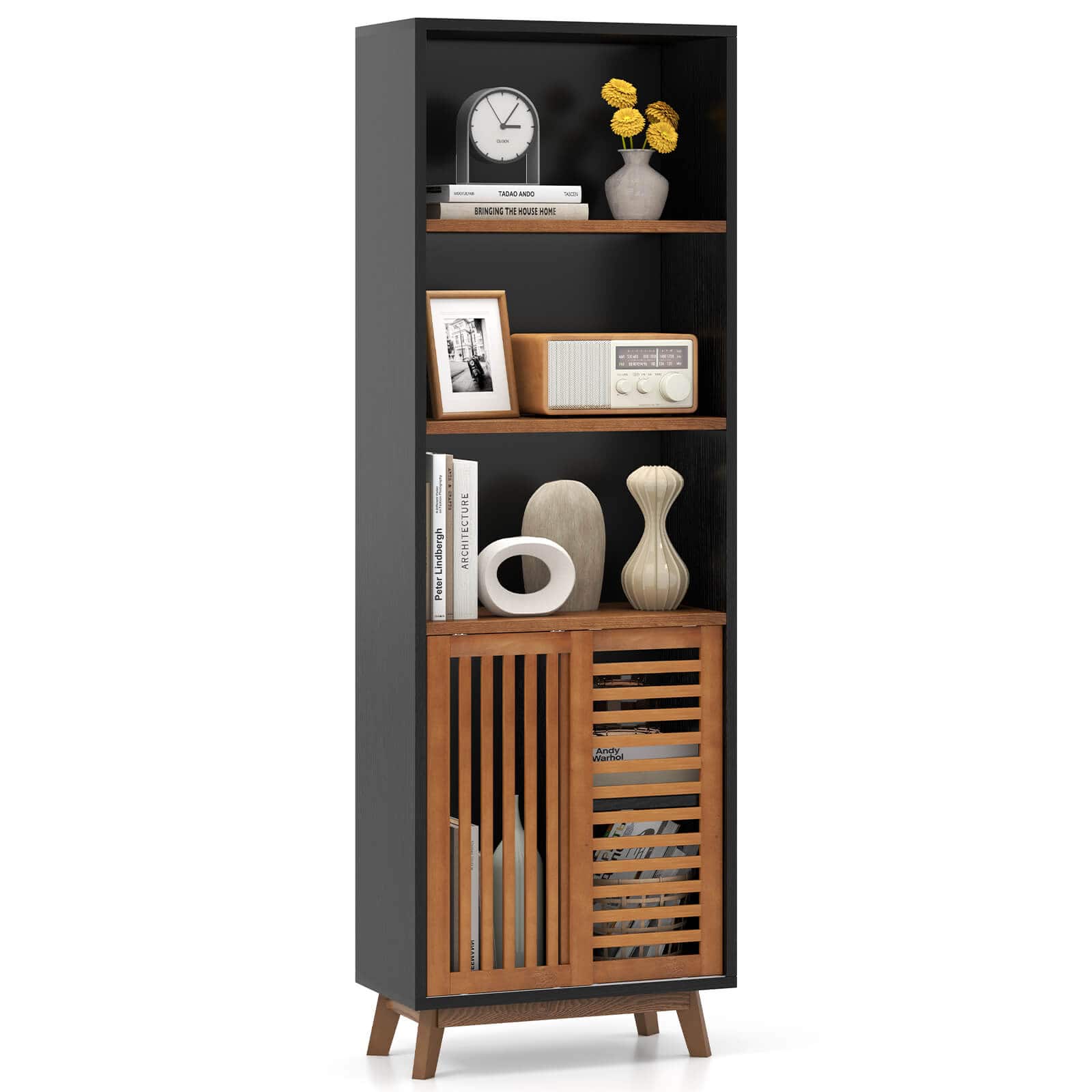 "Costway - 70"" Bookshelf, 5-Tier Bookcase with Reversible Adjustable Shelf & Sliding Doors - Black" price history on PriceWatchPro
