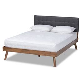 Baxton Studio - Devan Mid-Century Modern Fabric Upholstered Walnut Brown Finished Wood Platform Bed - Dark Grey/Walnut