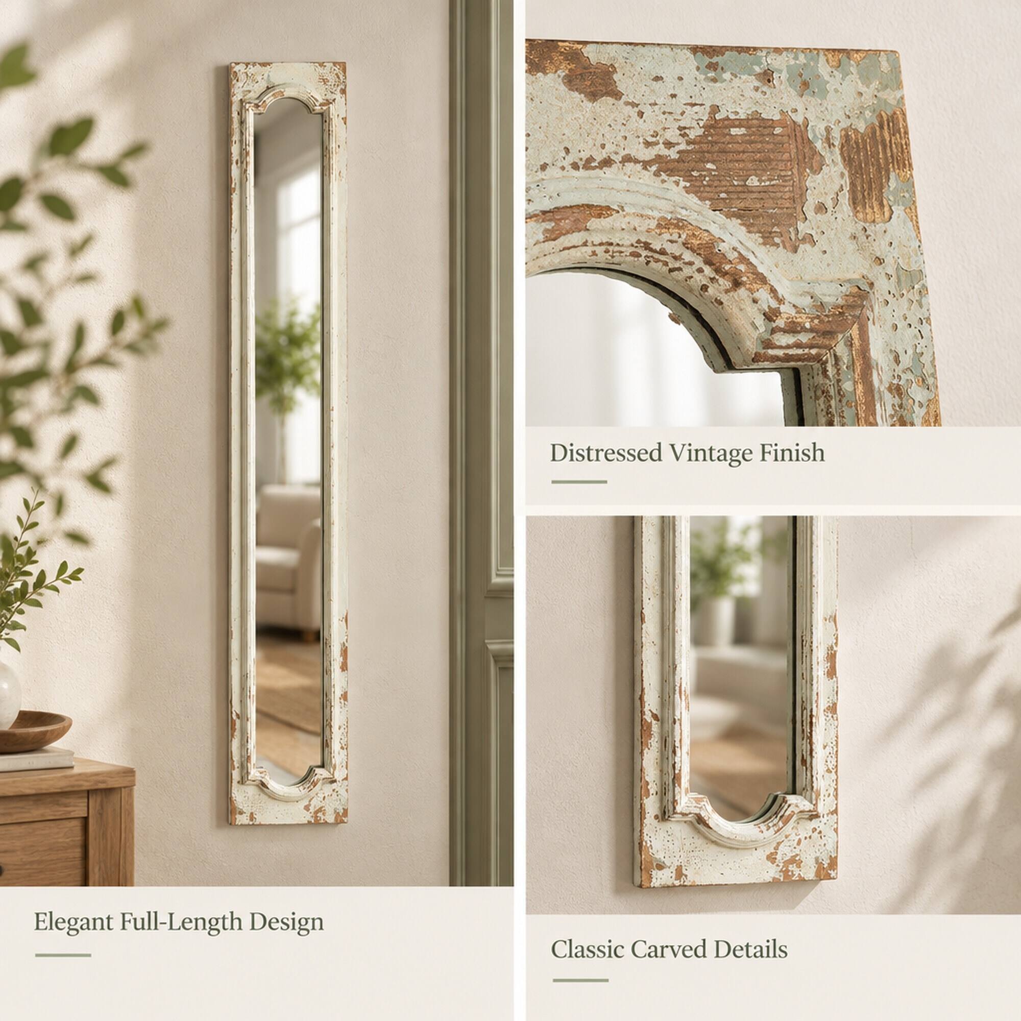 Distressed Vintage Finish  
Elegant Full-Length Design  
Classic Carved Details