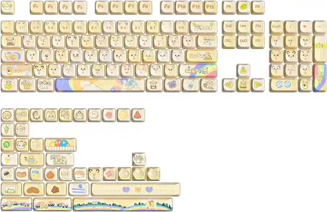 Here is the corrected and grouped text from the image:
**Top Row:**
- F1 F2 F3 F4 F5 F6 F7 F8 F9 F10 F11 F12
**Second Row:**
- 1 2 3 4 5 6 7 8 9 0
**Third Row:**
- Q W E R T Y U I O P
**Fourth Row:**
- A S D F G H J K L
**Fifth Row:**
- Z X C V B N M
**Function Keys:**
- PR PS INS HM PU Num DEL END PO
**Special Keys:**
- Back CAPS SHIFT ENTER
**Additional Keys:**
- 7 8 9 0 + - = Backspace
**Symbols:**
- ! @ # $ % ^ & * ( )
**Other Keys:**
- TV BEEB AP P 6008
**Bottom Row (Custom Keys):**
- Various food items and symbols.