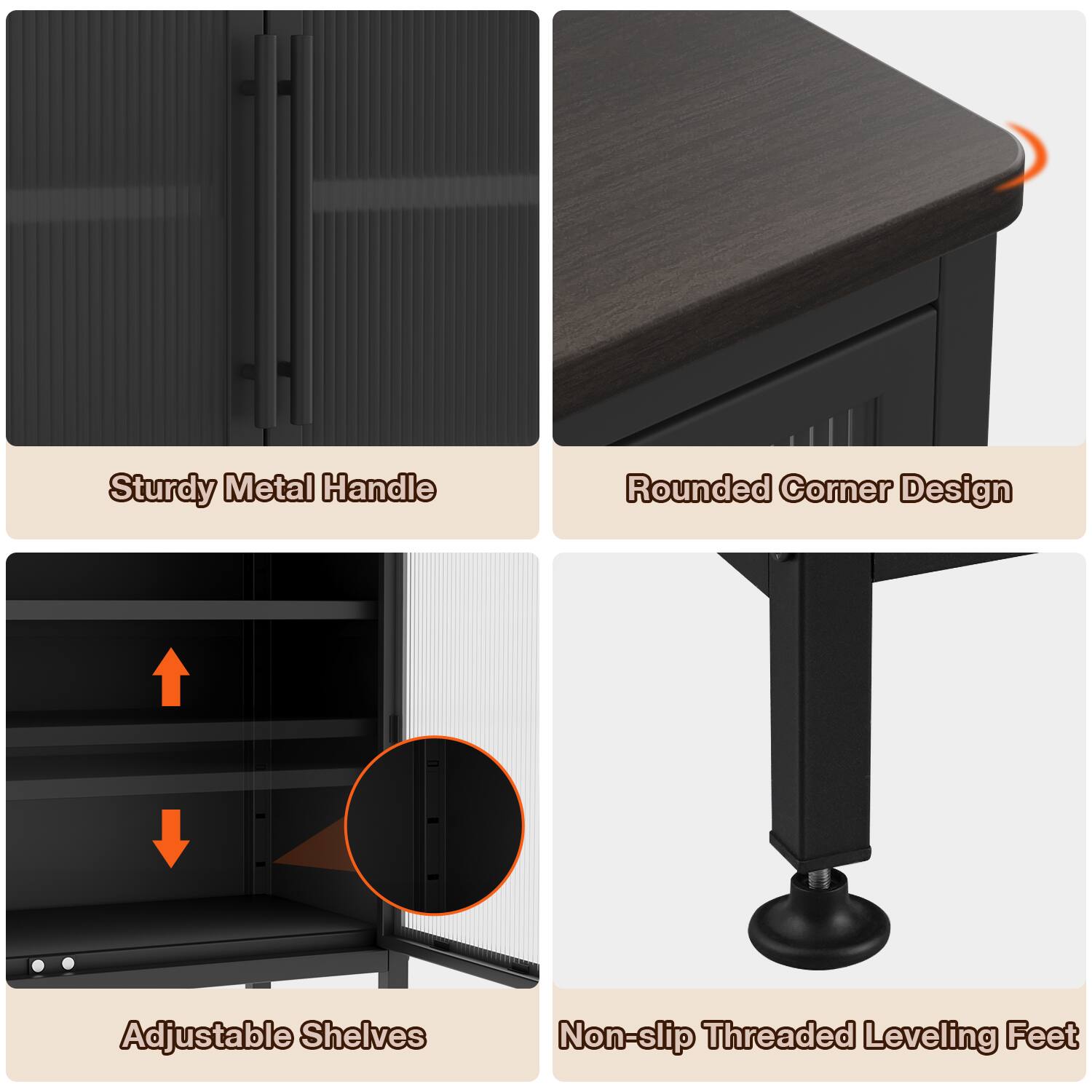 - Sturdy Metal Handle
- Rounded Corner Design
- Adjustable Shelves
- Non-slip Threaded Leveling Feet