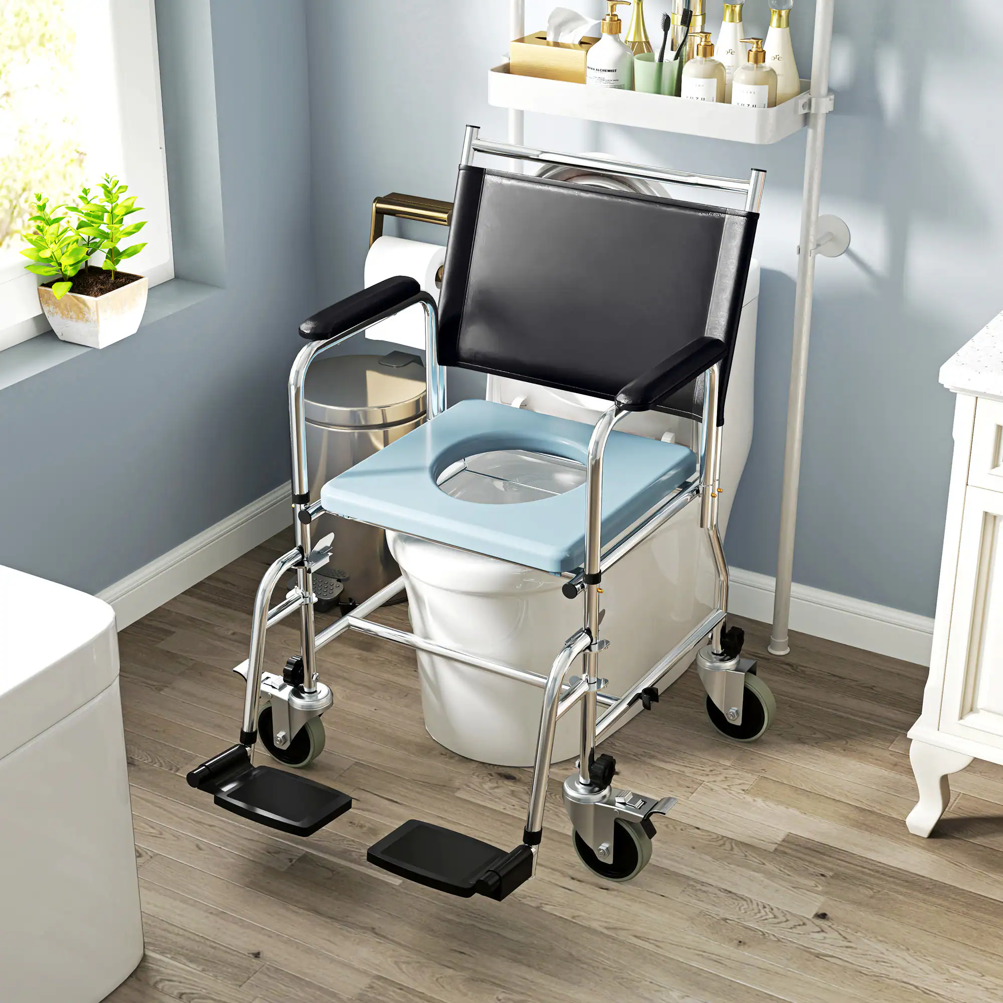 Alt View 8. Homcom - Shower Chair, Bedside Commode Wheelchair with Padded Seat, Backrest, for Seniors, Disabled - Black.