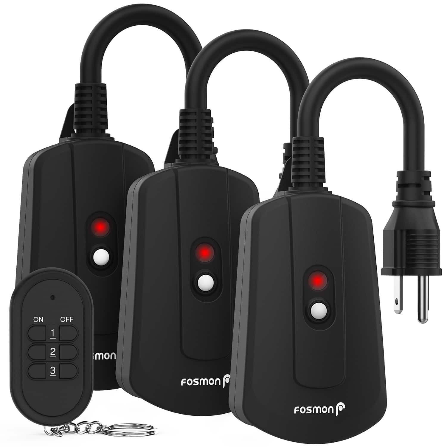 Fosmon - 3x Wireless Outlet Receivers and 1x Remote Control, [UL Listed] Weatherproof Electrical Outlet Remote - Black