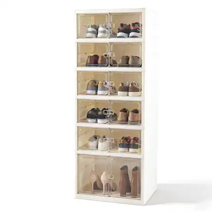 Front. Gymax - Gymax Foldable Shoe Rack Organizer Plastic Stackable Shoe Storage Box Easy Assembly - White.