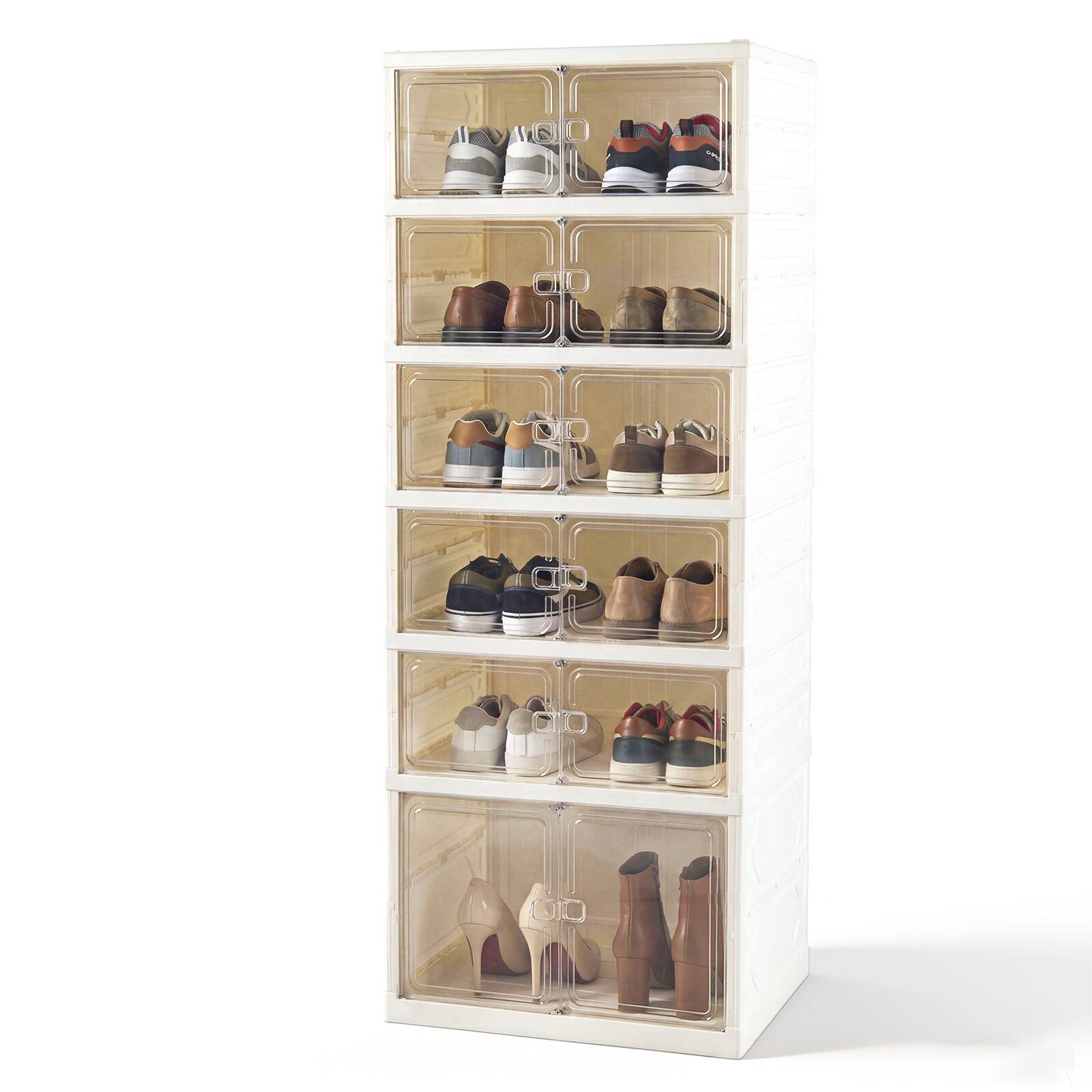Front. Gymax - Gymax Foldable Shoe Rack Organizer Plastic Stackable Shoe Storage Box Easy Assembly - White.