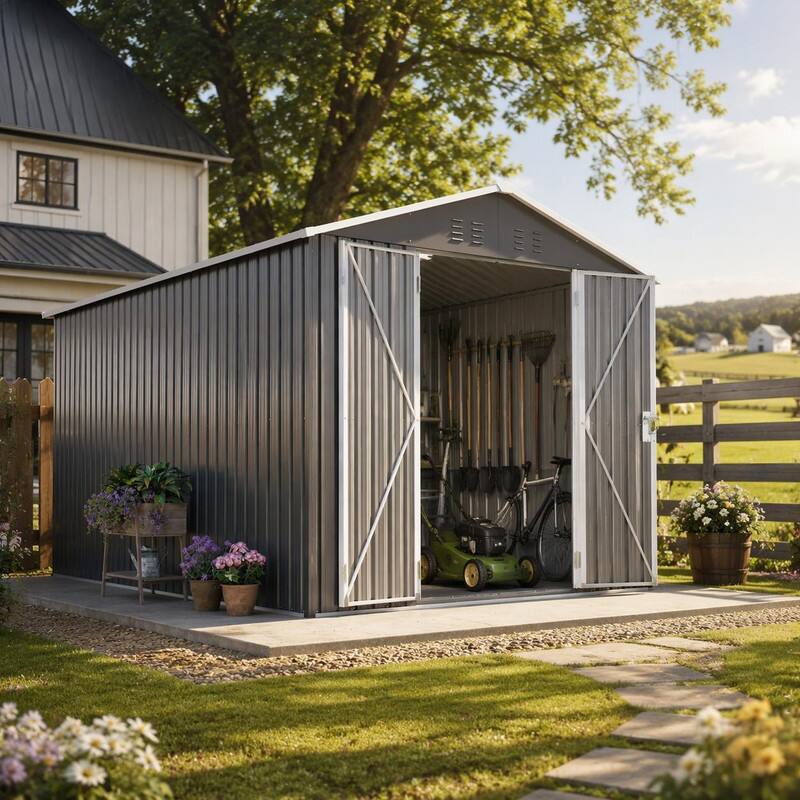 Angle. RYHNUYNE - 8x12 ft Lockable Metal Shed Aluminum Frame Sloped Roof Dual Vents Backyard Gray - Gray.