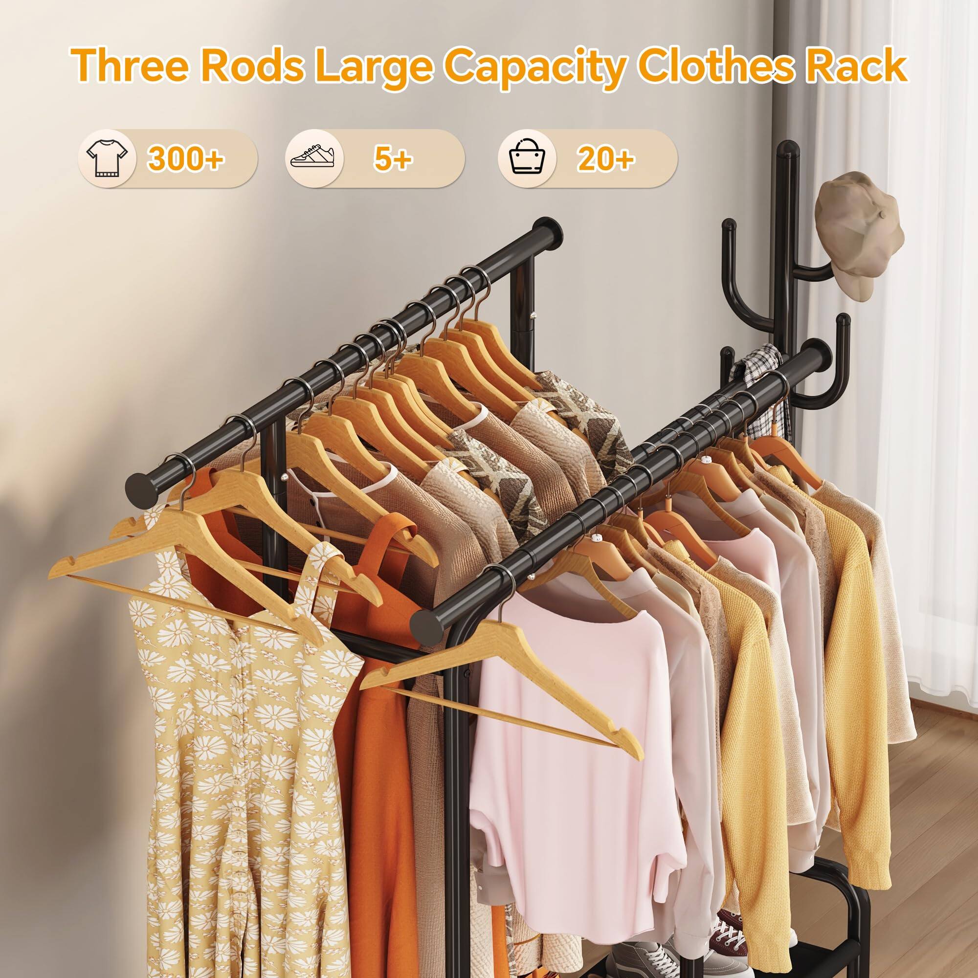 Three Rods Large Capacity Clothes Rack

- 300+ items
- 5+ hangers
- 20+ bags