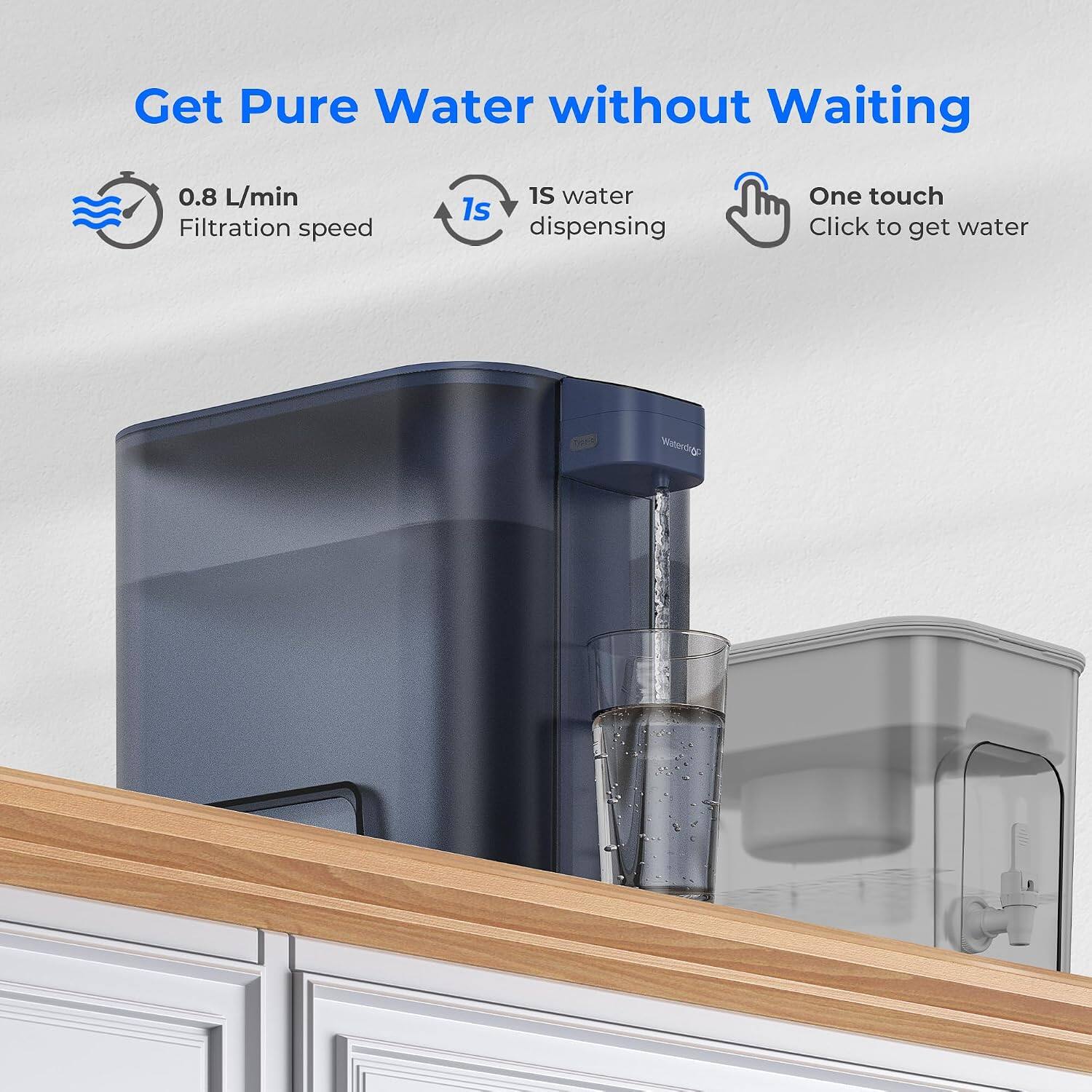 Get Pure Water without Waiting

0.8 L/min Filtration speed

1s water dispensing

One touch Click to get water

Waterdog