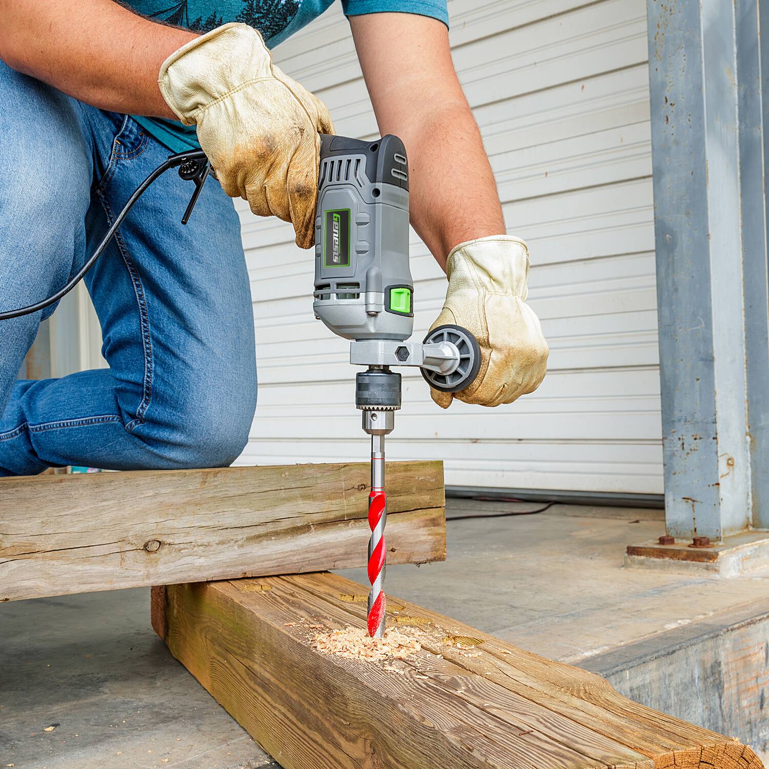 Left. Genesis - 7.5-Amp Corded Variable-Speed Hammer Drill, Standard and Hammer Modes, All-Metal 1/2" Chuck, 360° Handle.