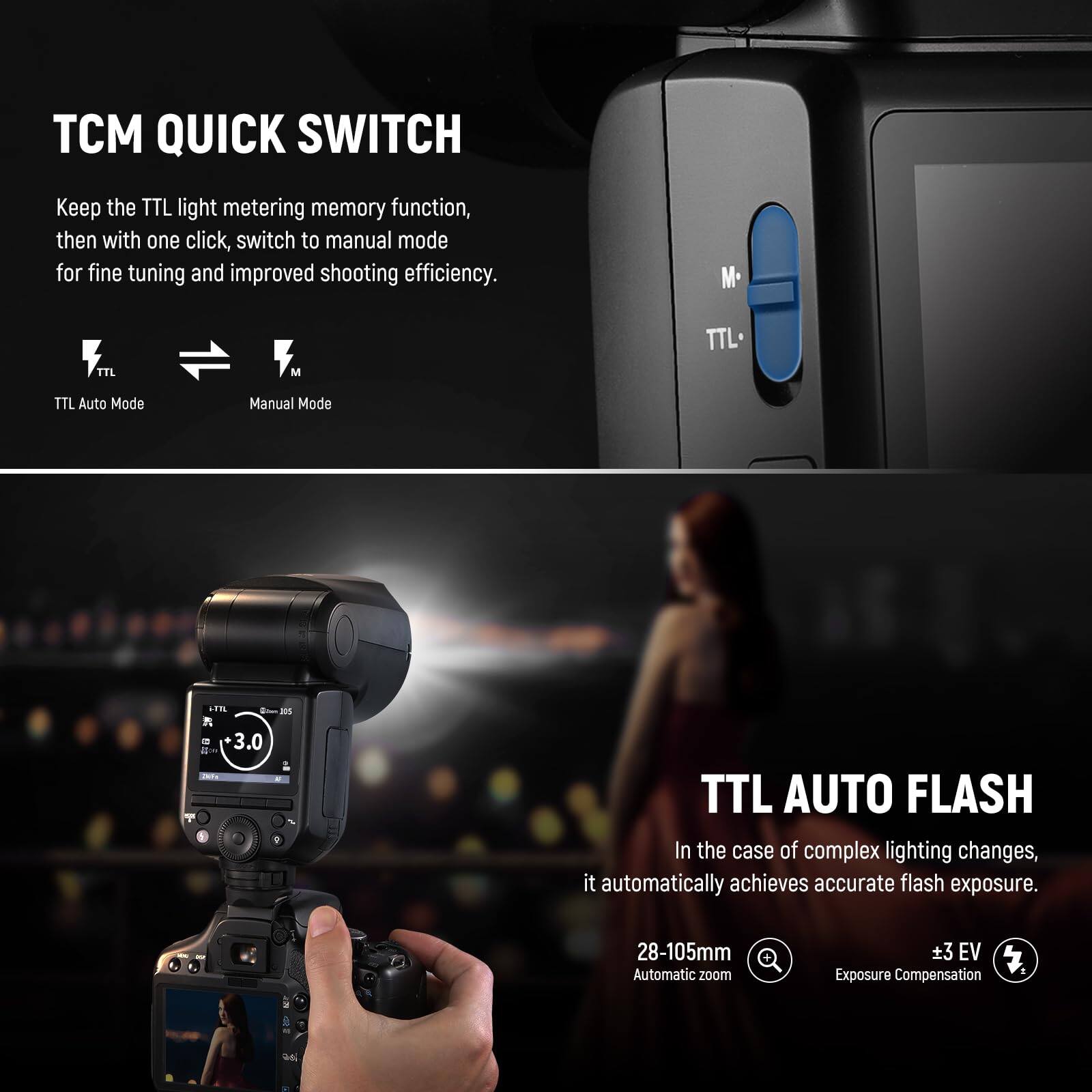 TCM QUICK SWITCH

Keep the TTL light metering memory function, then with one click, switch to manual mode for fine tuning and improved shooting efficiency.

TTL Auto Mode → Manual Mode

TTL AUTO FLASH

In the case of complex lighting changes, it automatically achieves accurate flash exposure.

28-105mm Automatic zoom

+3 EV Exposure Compensation