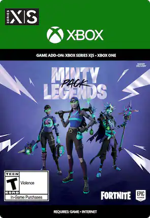 SERIES X S XBOX GAME ADD-ON: XBOX SERIES X/S MINI PACK LEGENDS SMART DELIVERY TEEN T Violence ESRB In-Game Purchases FORTNITE EPIC GAMES REQUIRES: GAME INTERNET - T (Teen 13+)