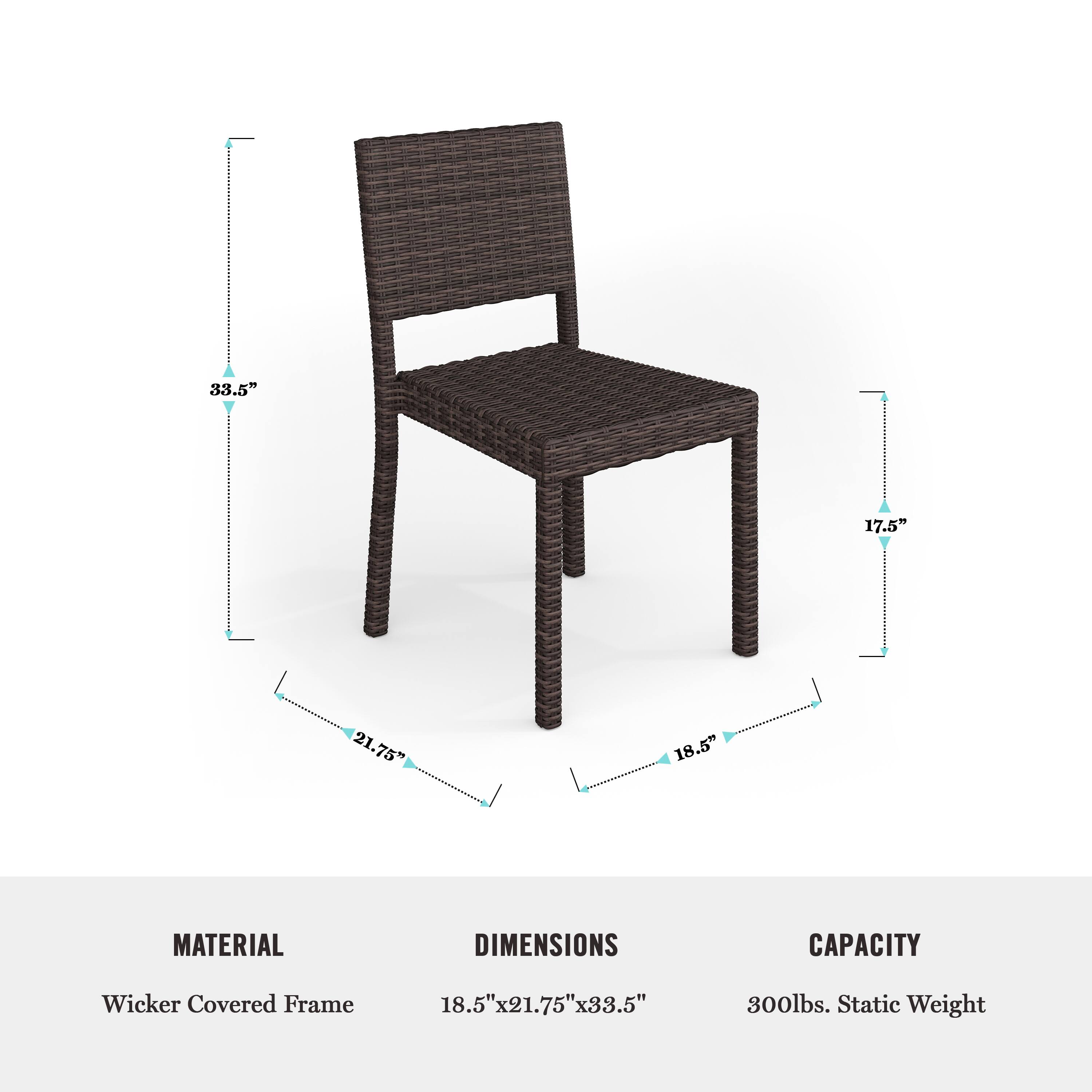 The text on the image reads: "Material: Wicker Covered Frame. Dimensions: 19 x 18.5 x 21.75" x 33.5". Capacity: 300lbs. Static Weight."