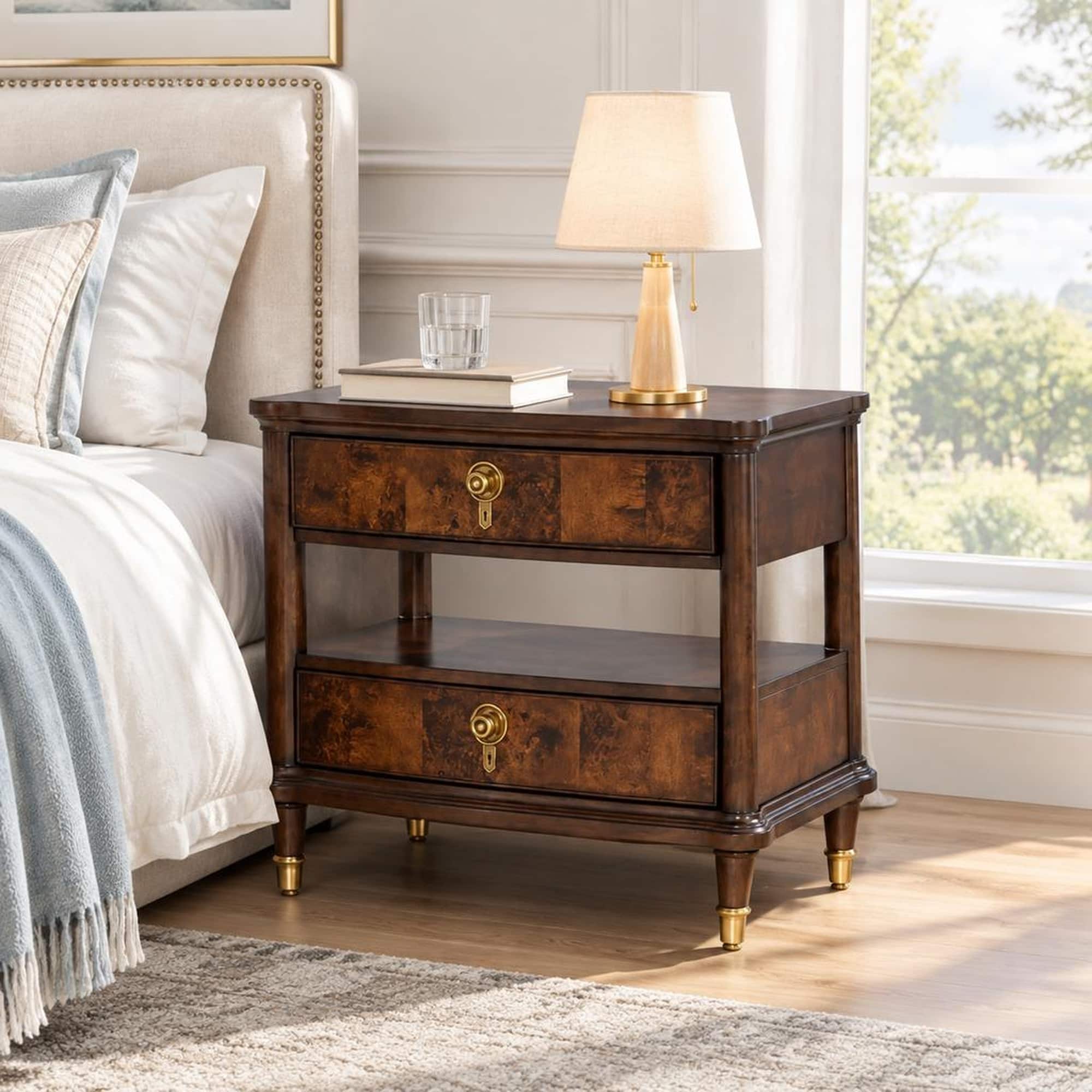 RYHNUYNE - Transitional Nightstand, 30.5 in Wide, Dark Finish, Solid Rubberwood, USB Charging Ports, Felt-Lined Drawers - Cherry