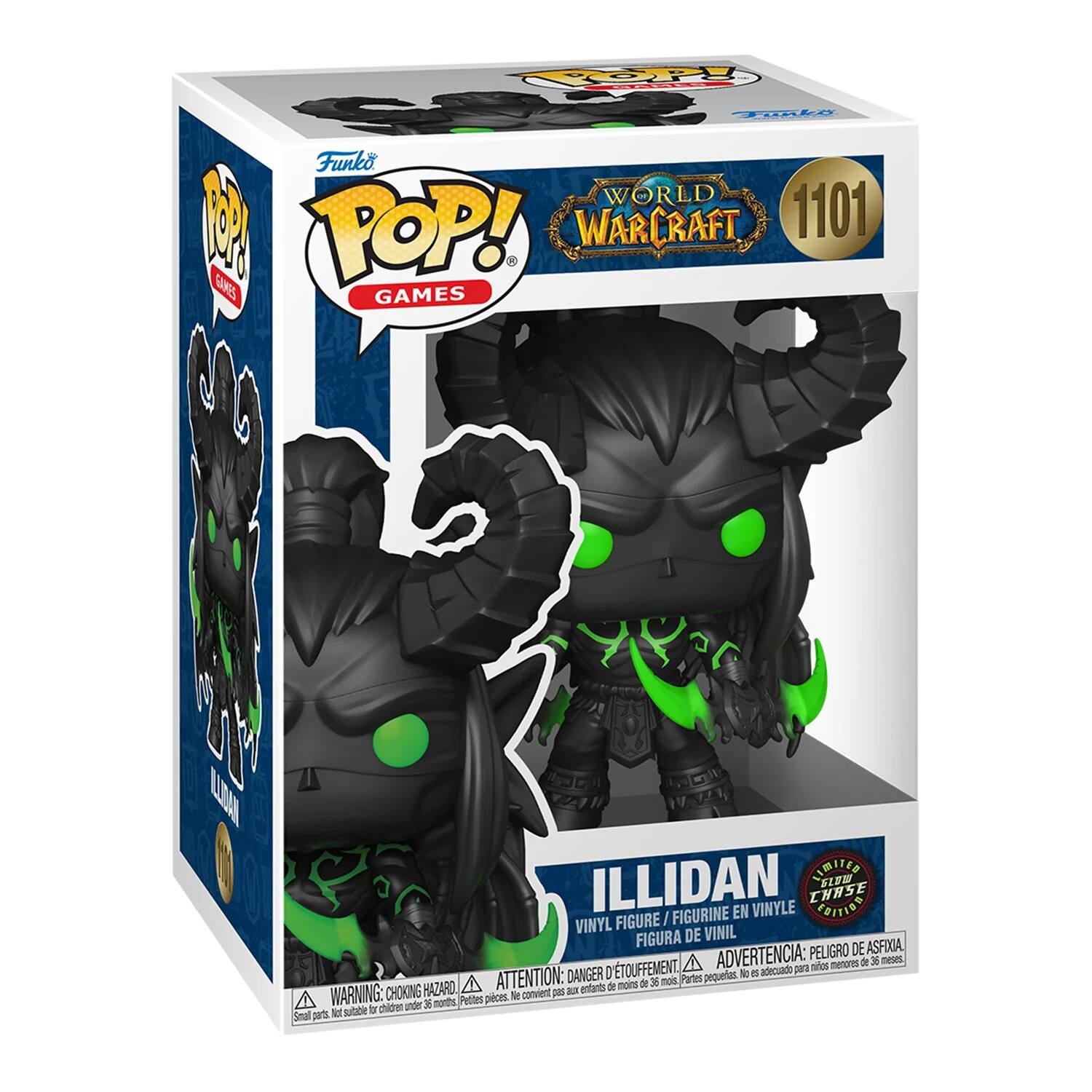 Funko POP! GAMES  
WORLD OF WARCRAFT  
1101  

ILLIDAN  
VINYL FIGURE / FIGURINE EN VINYLE / FIGURA DE VINIL  

WARNING: CHOKING HAZARD - Small parts. Not suitable for children under 3 years.  
ATTENTION: PELIGRO DE ASFIXIA - Piezas pequeñas. No es adecuado para menores de 36 meses.  
ADVERTENCIA: DANGER DE TOUFFEMENT - Petites pièces. Ne convient pas aux enfants de moins de 3 ans.  

LIMITED EDITION CHASE