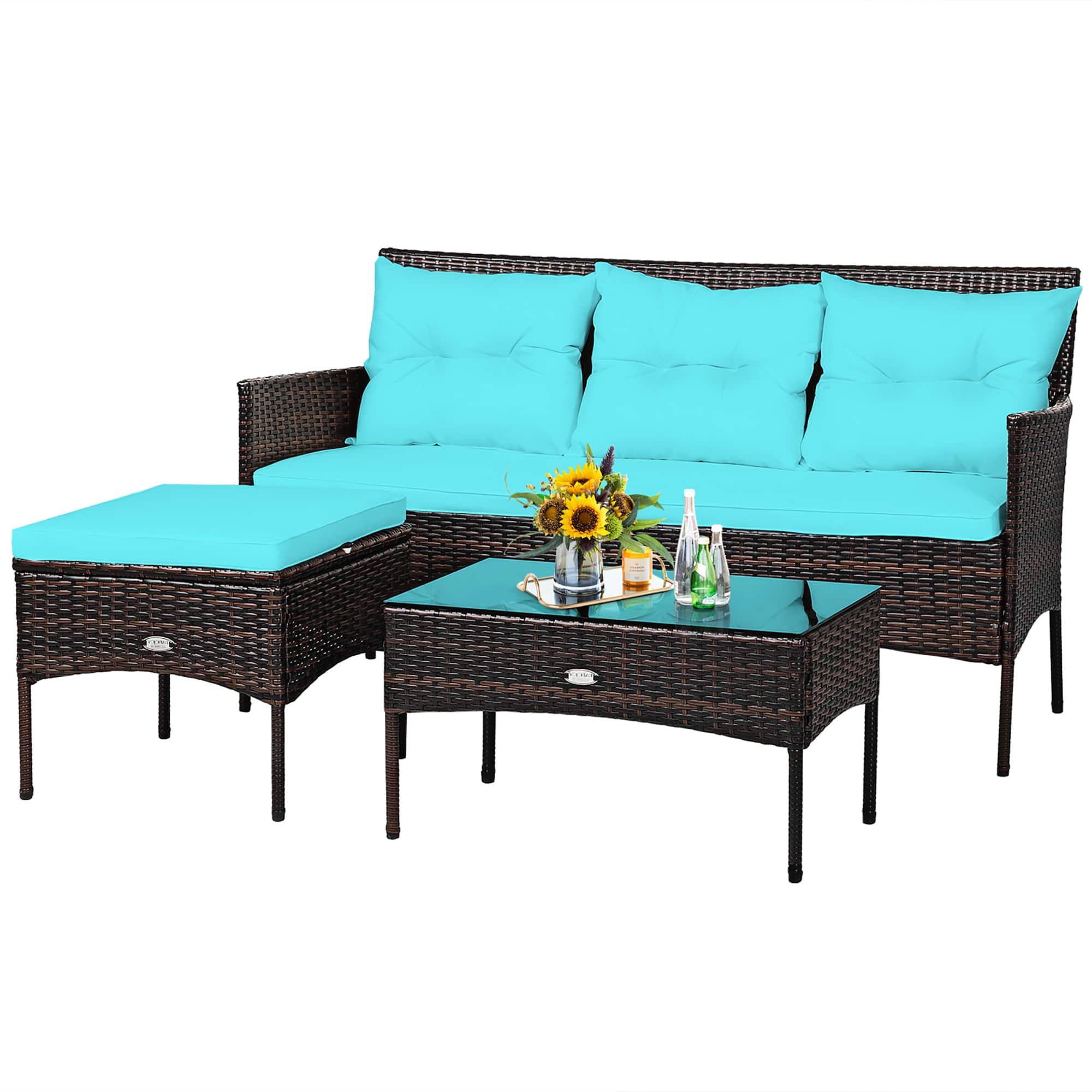 Front. Costway - Costway 3PCS Patio Rattan Furniture Set 3-Seat Sofa Cushioned Table - Turquoise.