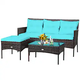 Costway - 3PCS Patio Rattan Furniture Set 3-Seat Sofa Cushioned Table - Turquoise
