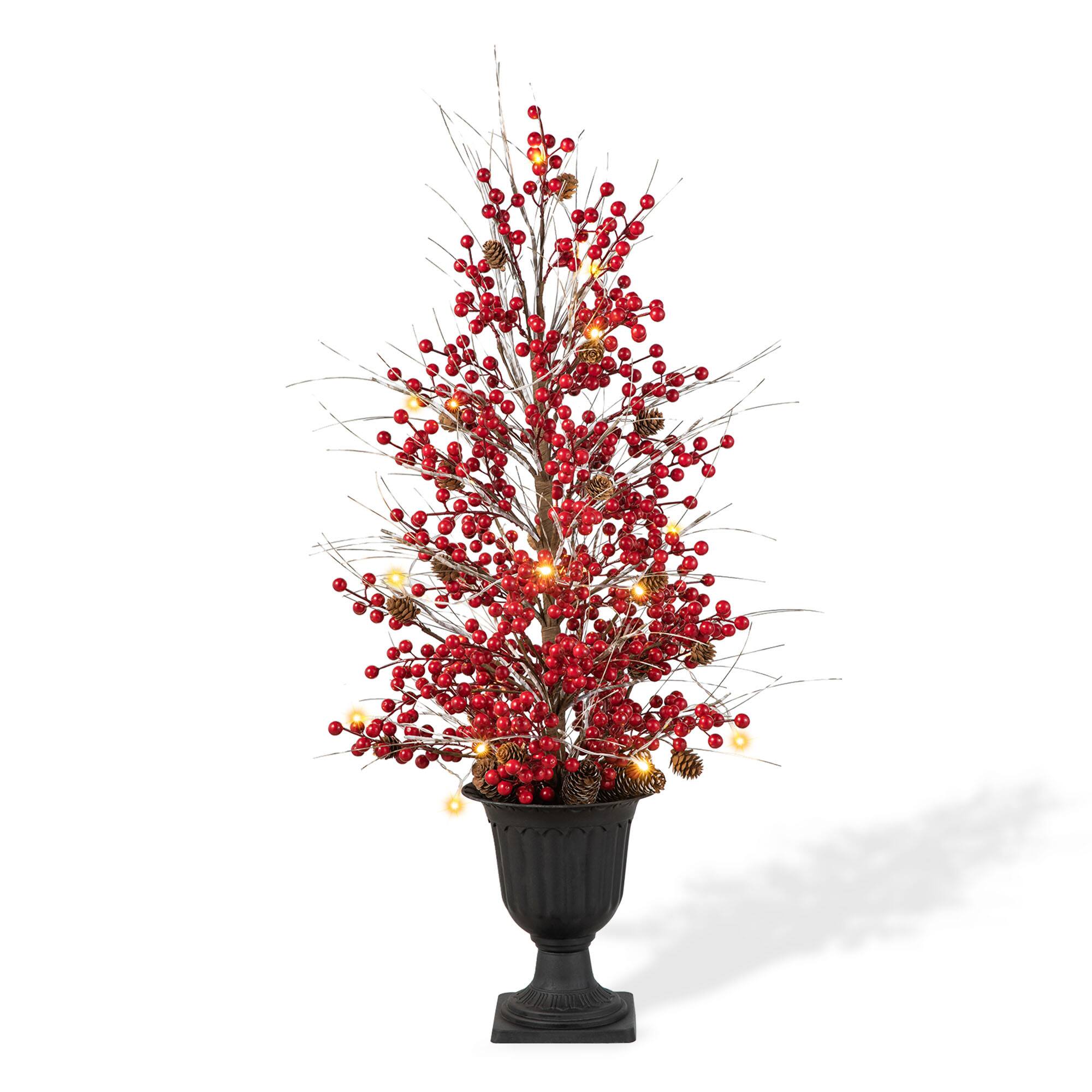 Angle. Glitzhome - 36"H Christmas Lighted Berry and Pine Cone Urn Porch Tree, 20 Warm White Lights with timer - Green.