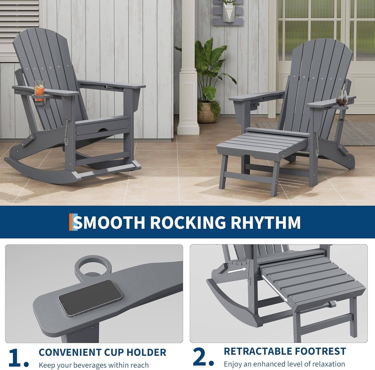 SMOOTH ROCKING RHYTHM

1. CONVENIENT CUP HOLDER
   Keep your beverages within reach

2. RETRACTABLE FOOTREST
   Enjoy an enhanced level of relaxation