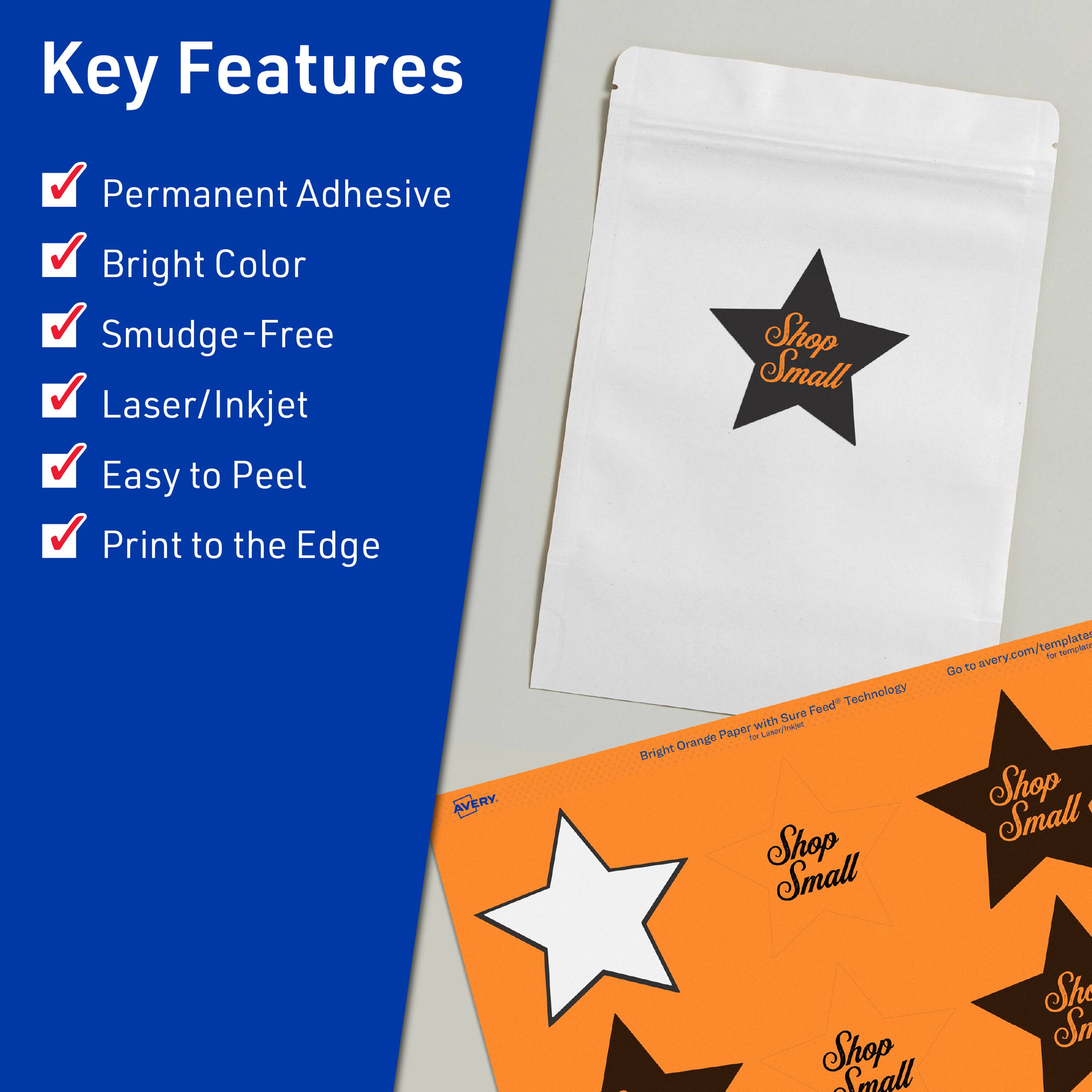 Key Features  
- Permanent Adhesive  
- Bright Color  
- Smudge-Free  
- Laser/Inkjet  
- Easy to Peel  
- Print to the Edge  

Shop Small  

AVERY  
Bright Orange Paper with Sure Feed™ Technology  

Go to avery.com/templates for templates  

Shop Small