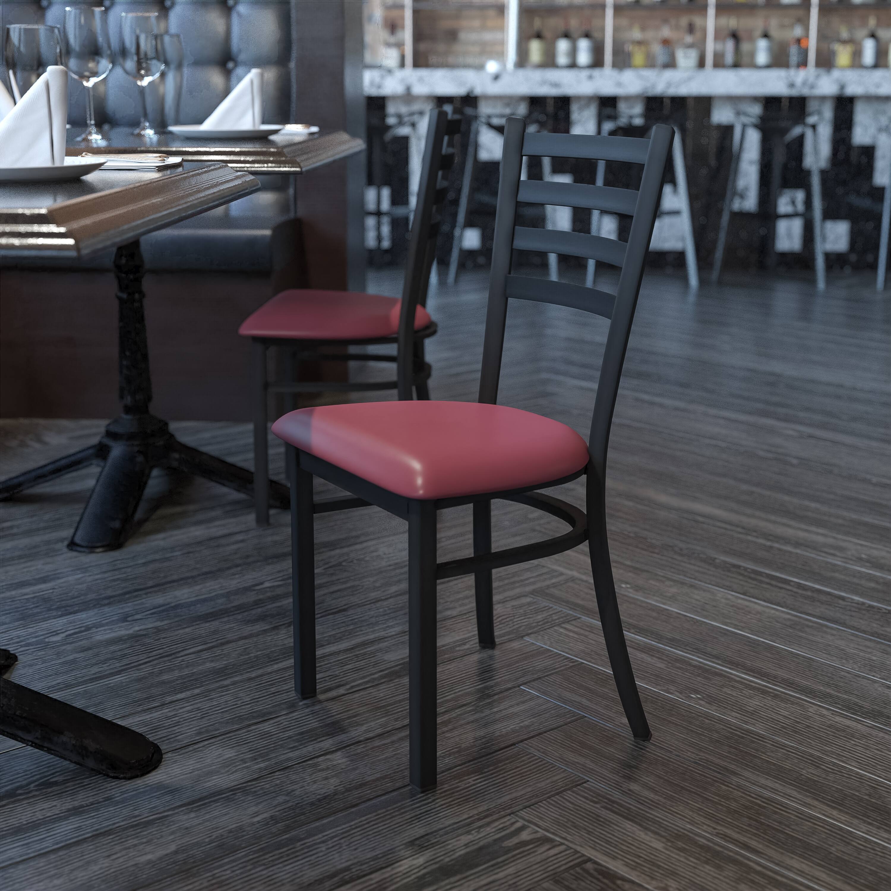 Alt View 1. Emma + Oliver - Ladder Back Metal Restaurant Dining Chair - Burgundy Vinyl Seat/Black Metal Frame.