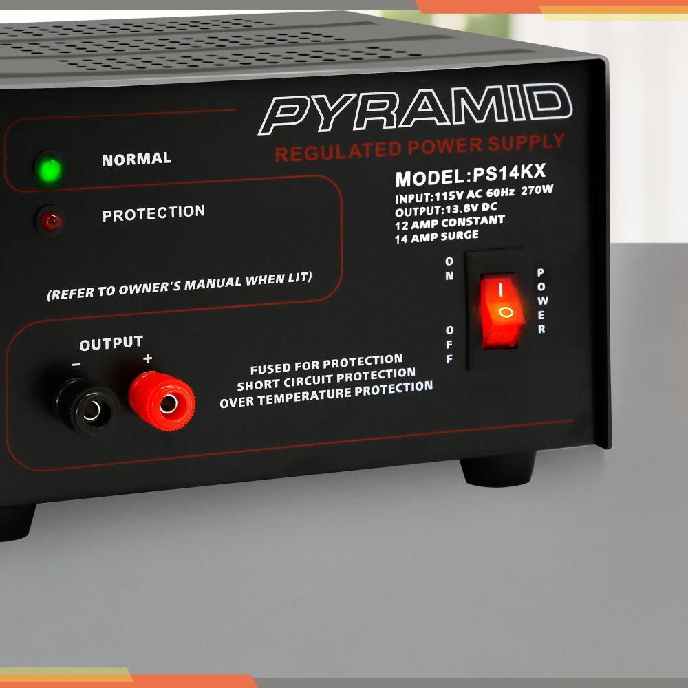 PYRAMID REGULATED POWER SUPPLY  
MODEL: PS14KX  
INPUT: 115V AC 60Hz 270W  
OUTPUT: 13.8V DC  
12 AMP CONSTANT  
14 AMP SURGE  

NORMAL  
PROTECTION  
(REFER TO OWNER'S MANUAL WHEN LIT)  

OUTPUT  
+  
-  

POWER  
O  
N  
I  

FUSED FOR PROTECTION  
SHORT CIRCUIT PROTECTION  
OVER TEMPERATURE PROTECTION