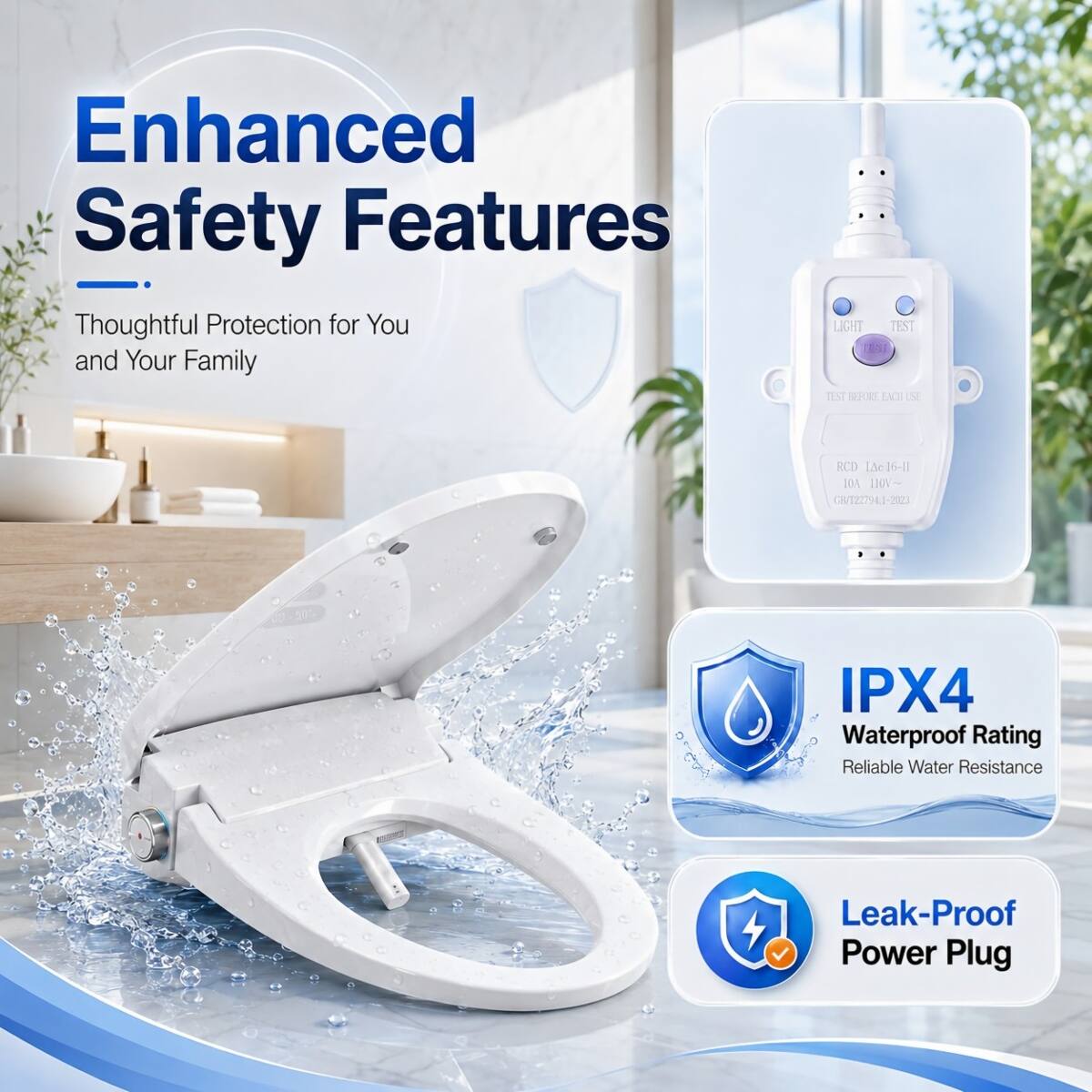 Enhanced Safety Features  
Thoughtful Protection for You and Your Family

LIGHT TEST  
TEST BEFORE EACH USE

RCD [16-11 DOA LIOV~ GB/T22794.1-2023

IPX4 Waterproof Rating  
Reliable Water Resistance

Leak-Proof Power Plug