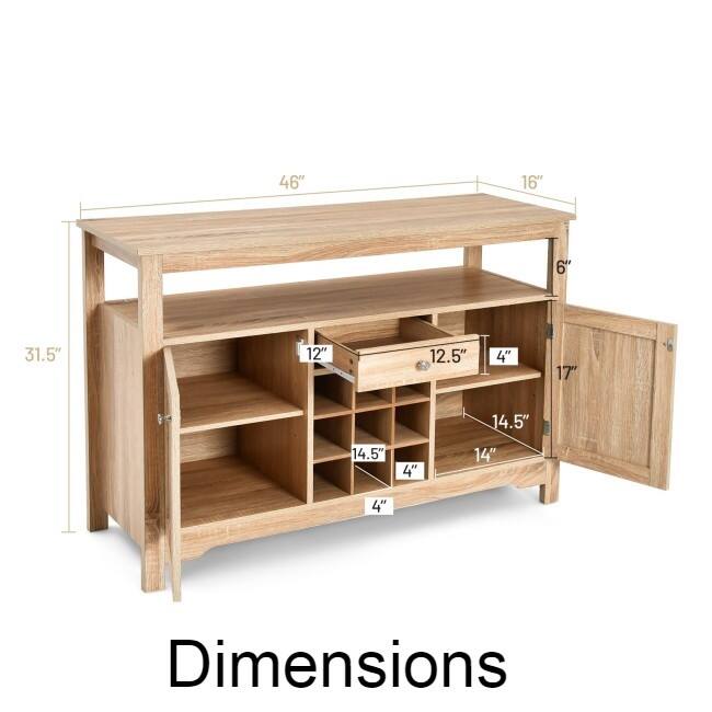 - Width: 46"
- Depth: 16"
- Height: 31.5"
- Shelf 1: 12"
- Shelf 2: 12.5"
- Shelf 3: 14.5"
- Shelf 4: 14"
- Drawer: 12" x 12.5" x 4"
- Door: 17" x 14.5" x 4"