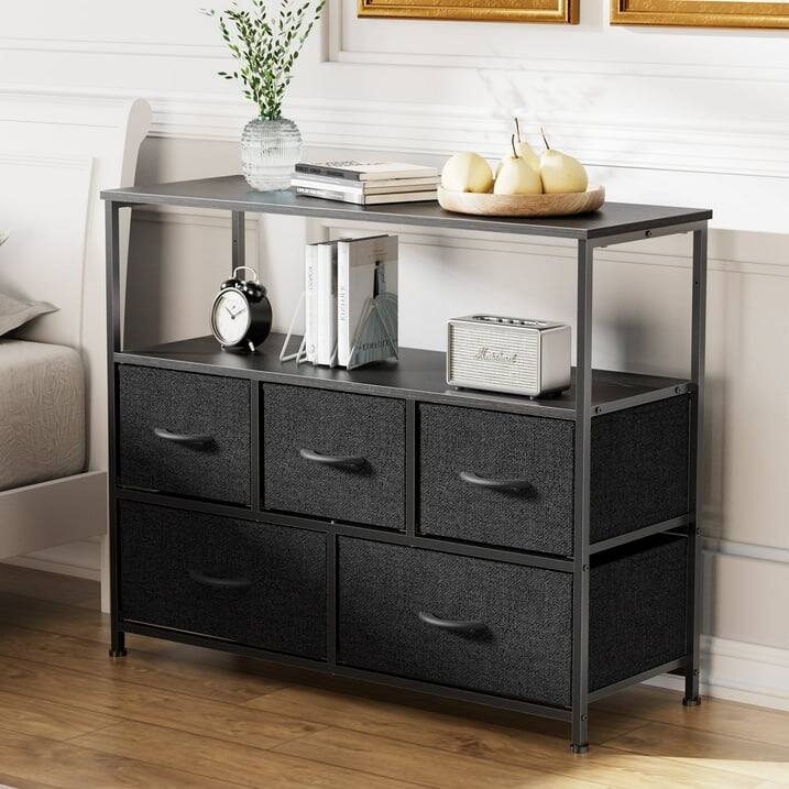 Front. AOITUN - 5-Drawer Fabric Dresser, 38" Narrow TV Stand Fits TV up to 45 Inches, Tall Storage Chest for Small Bedroom - Black.