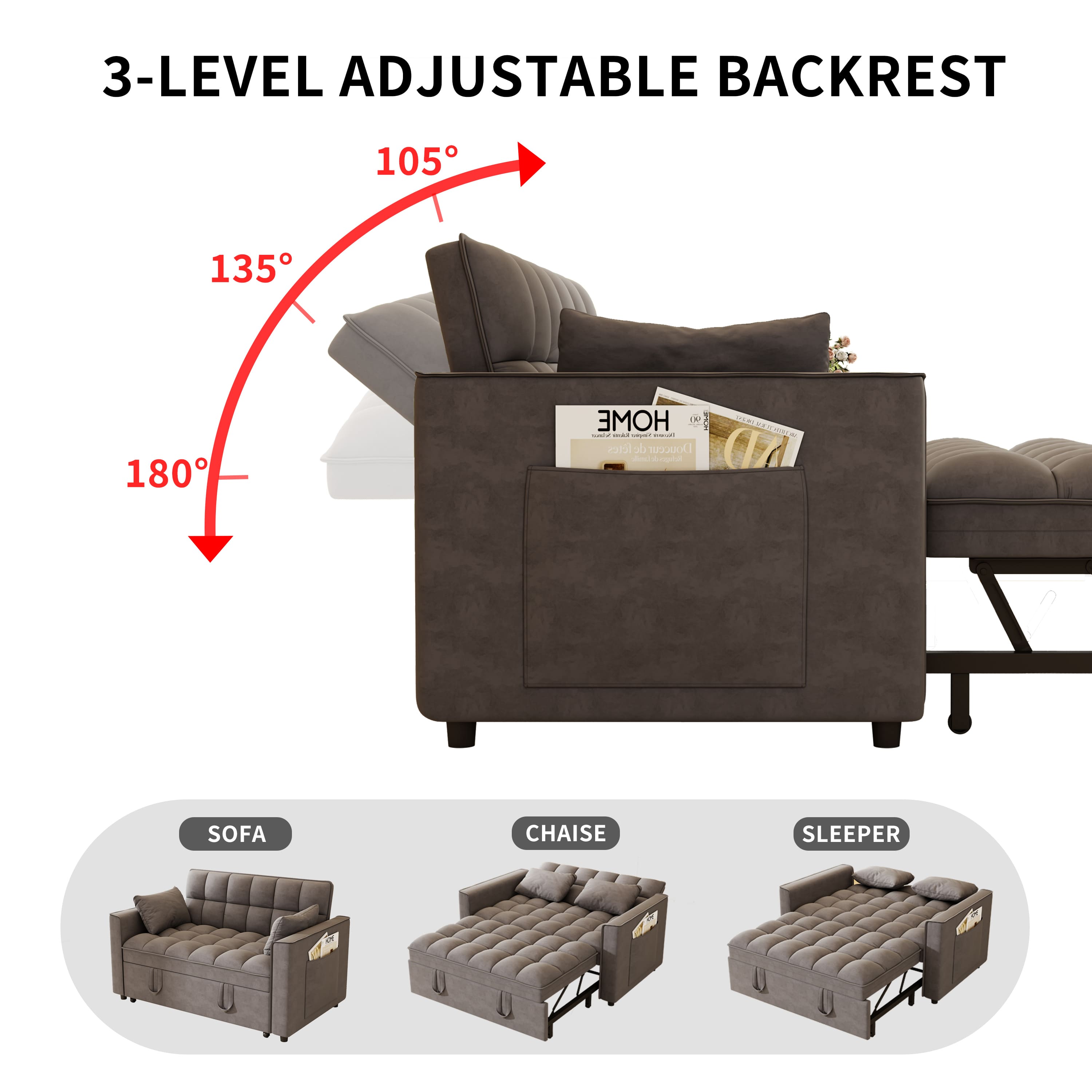 3-LEVEL ADJUSTABLE BACKREST

105°
135°
180°

HOME IN : : - : : de Douceu - SOFA CHAISE SLEEPER