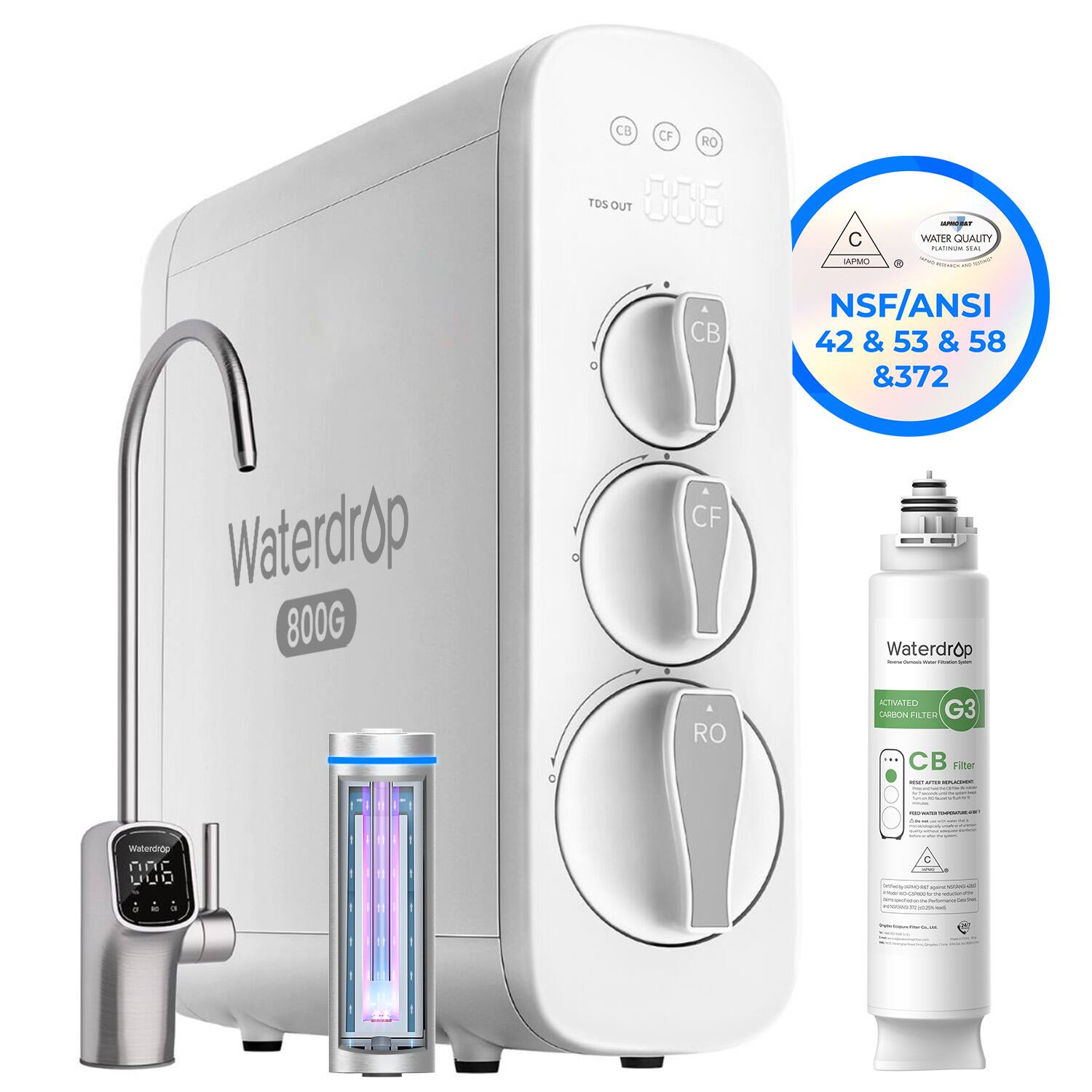 CB CF RO  
TDS OUT  
C - WATER QUALITY -  
APMO  
NSF/ANSI 42 & 53 & 58 & 372  
Waterdrop 800G  
CB NSF/ANSI 42 & 53 & 58 & 372  
Waterdrop  
G3  
CB Filter  
REUSE AFTER REFRIGERATION  
PRESS TDS BUTTON TO CHECK TDS VALUE