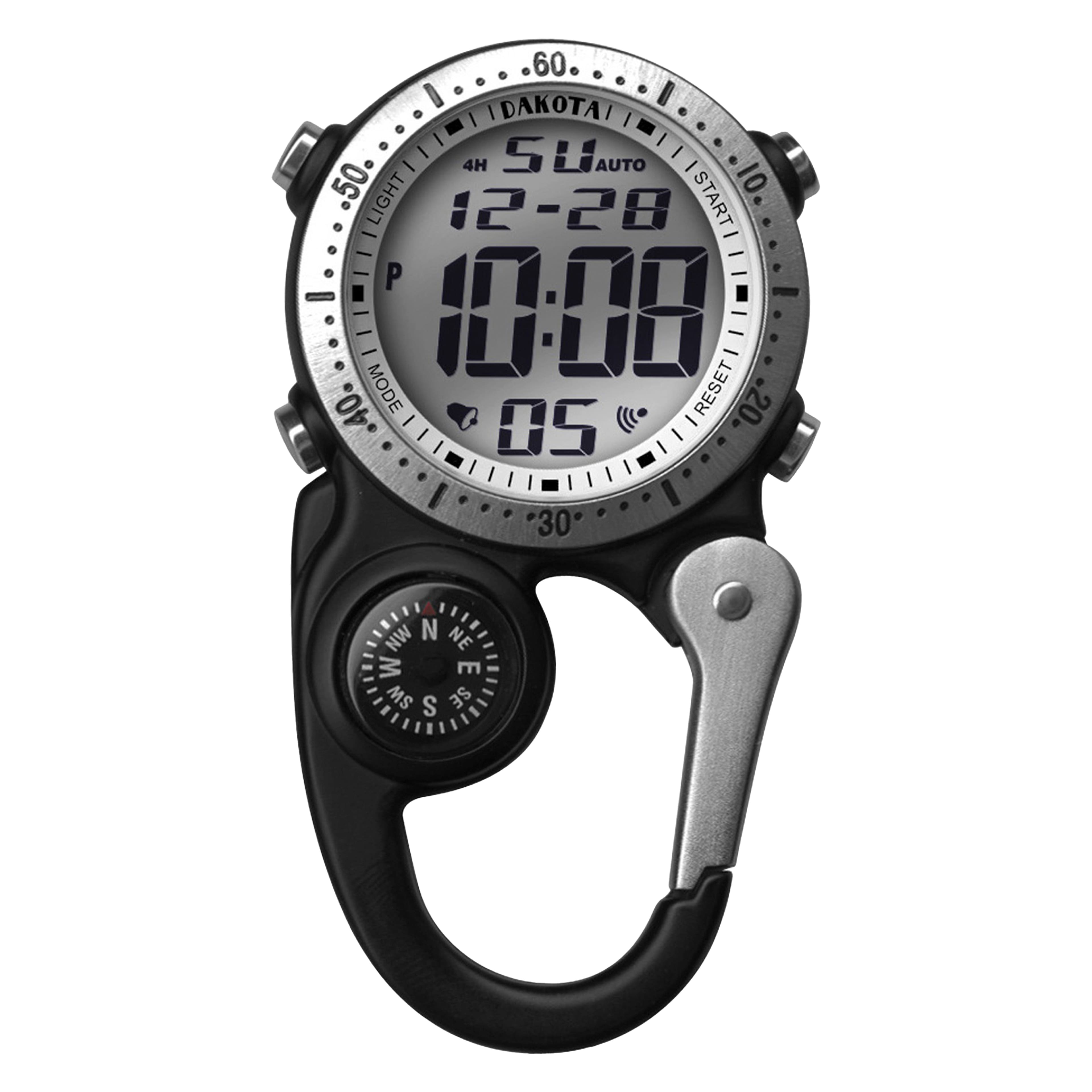 Dakota - Digital Backpacker Clip Watch, Alarm, Stopwatch, Timer and Dual Time, Tactical Outdoor Gifts for Men and Women - Black