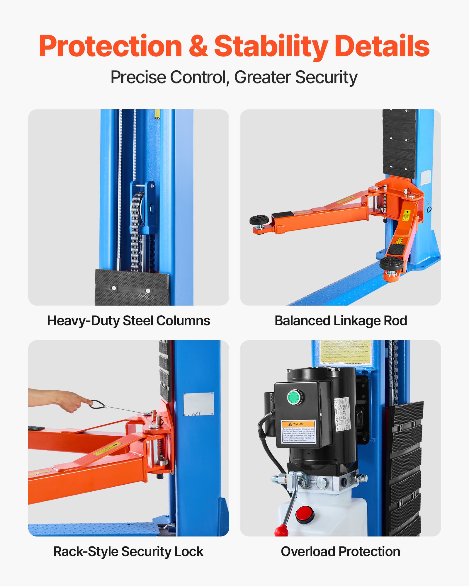 Protection & Stability Details  
Precise Control, Greater Security  

Heavy-Duty Steel Columns  
Balanced Linkage Rod  
Rack-Style Security Lock  
Overload Protection