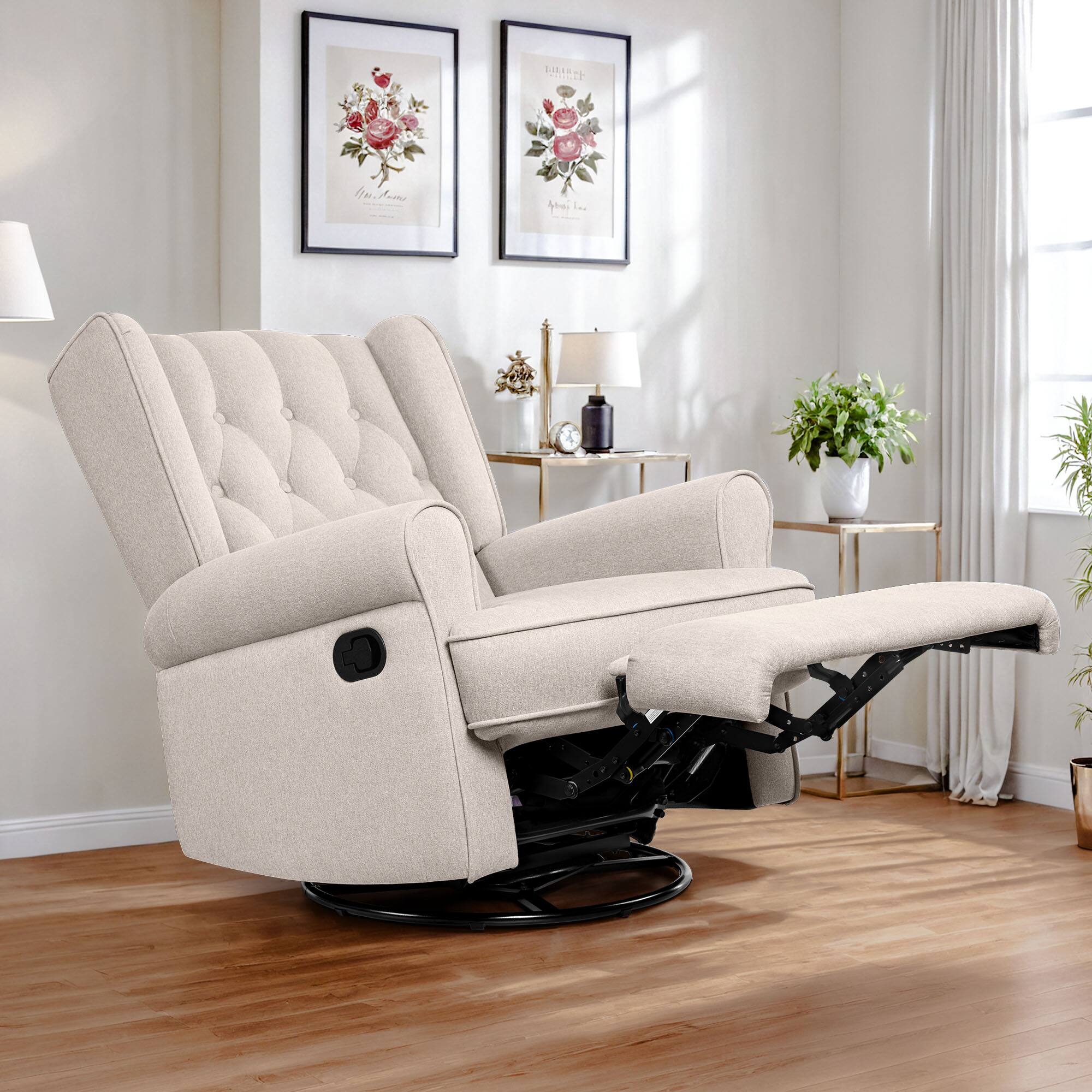 Left. Brick Attic - Recliner Chair 360 Swivel Glider, Ergonomic Living Room Chair with Armrests and Decorative Buttons - Beige.