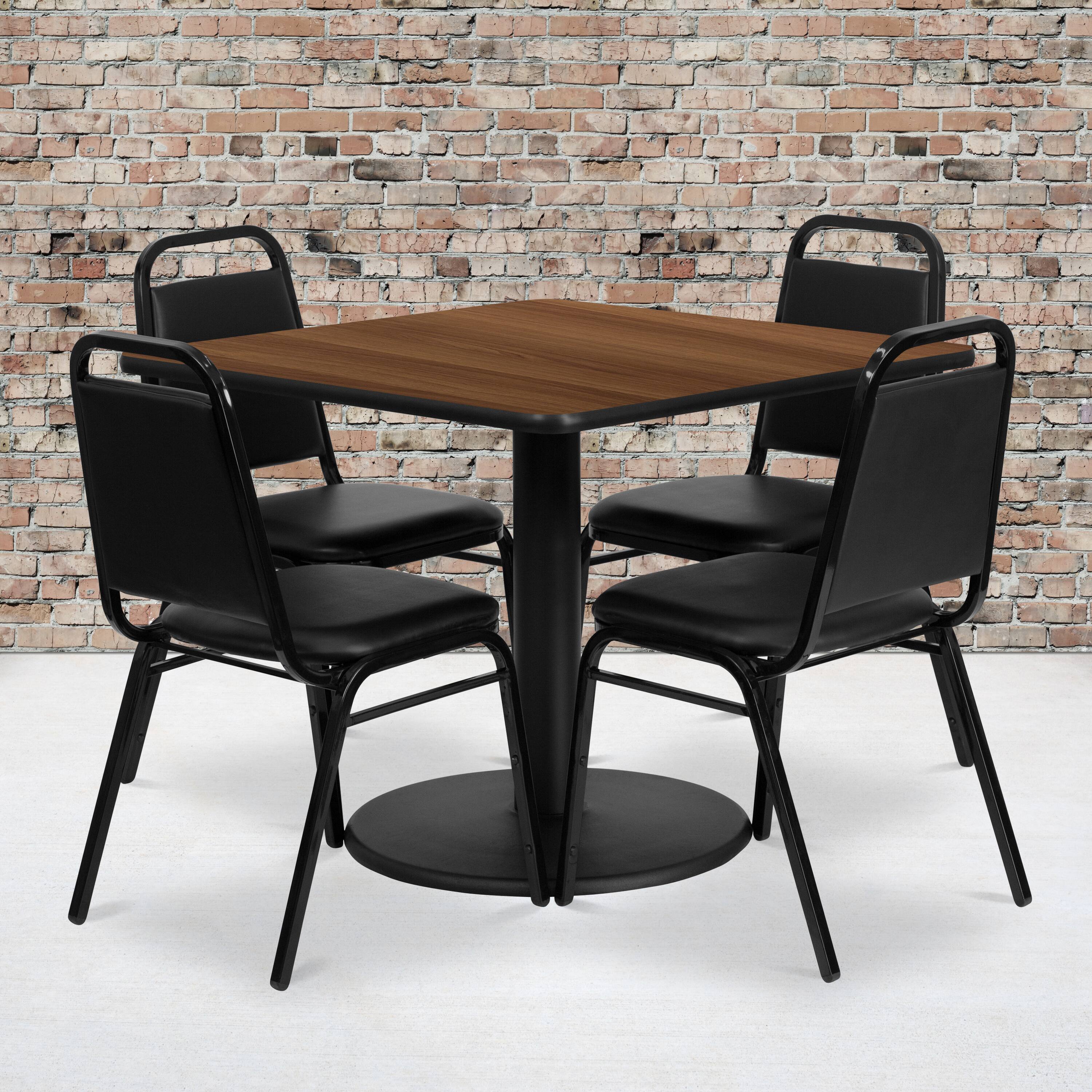Alt View 1. Emma + Oliver - 36" Square Laminate Table Set with 4 Trapezoidal Banquet Chairs - Walnut Top/Black Vinyl Seat.