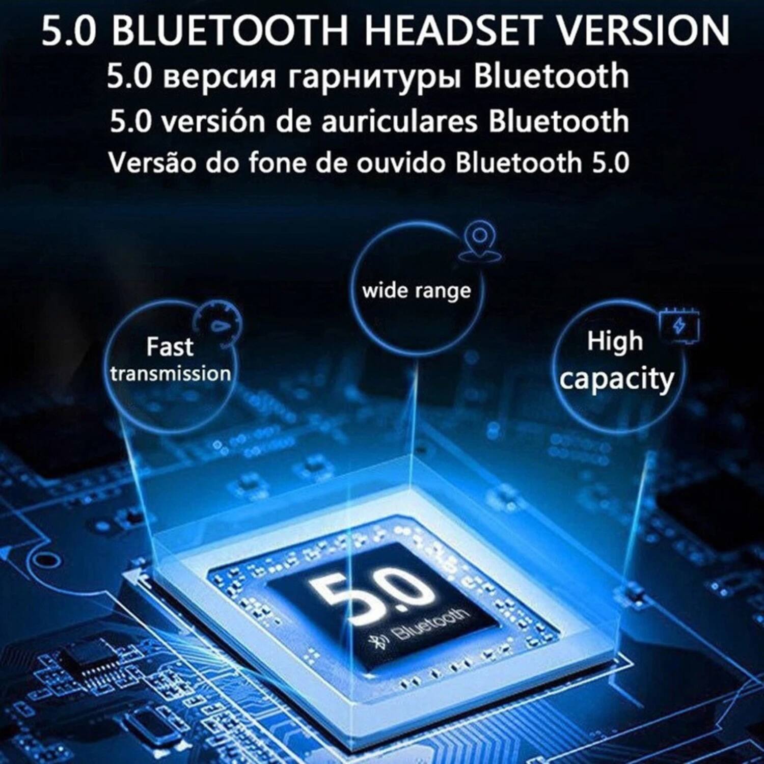 5.0 BLUETOOTH HEADSET VERSION  
5.0 версия гарнитуры Bluetooth  
5.0 versión de auriculares Bluetooth  
Versão do fone de ouvido Bluetooth 5.0  

Fast transmission  
wide range  
High capacity