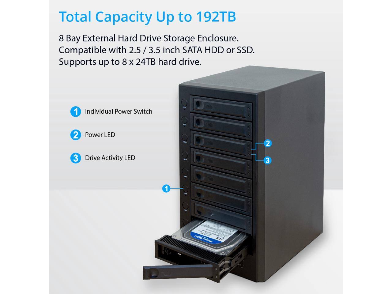 Total Capacity Up to 192TB  
8 Bay External Hard Drive Storage Enclosure.  
Compatible with 2.5 / 3.5 inch SATA HDD or SSD.  
Supports up to 8 x 24TB hard drive.  

1. Individual Power Switch  
2. Power LED  
3. Drive Activity LED