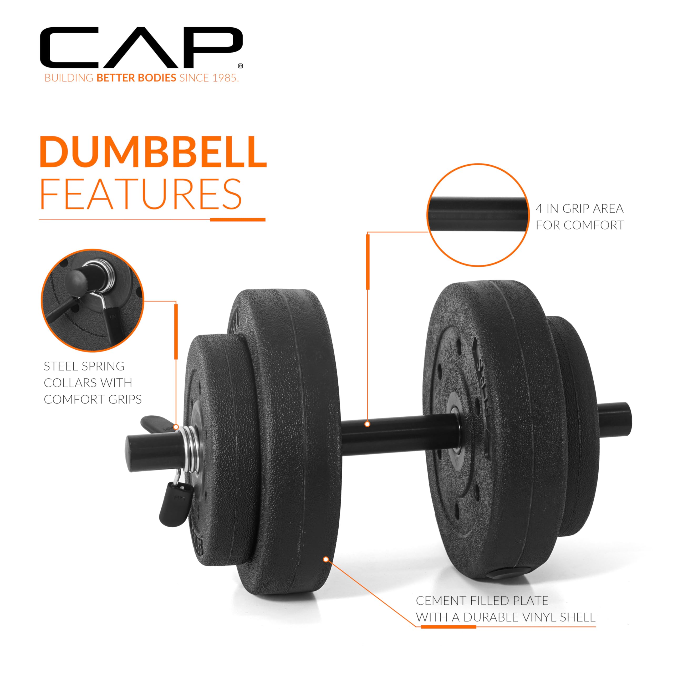 CAP  
BUILDING BETTER BODIES SINCE 1985  

DUMBBELL FEATURES  

- 4 IN GRIP AREA FOR COMFORT  
- STEEL SPRING COLLARS WITH COMFORT GRIPS  
- CEMENT FILLED PLATE WITH A DURABLE VINYL SHELL