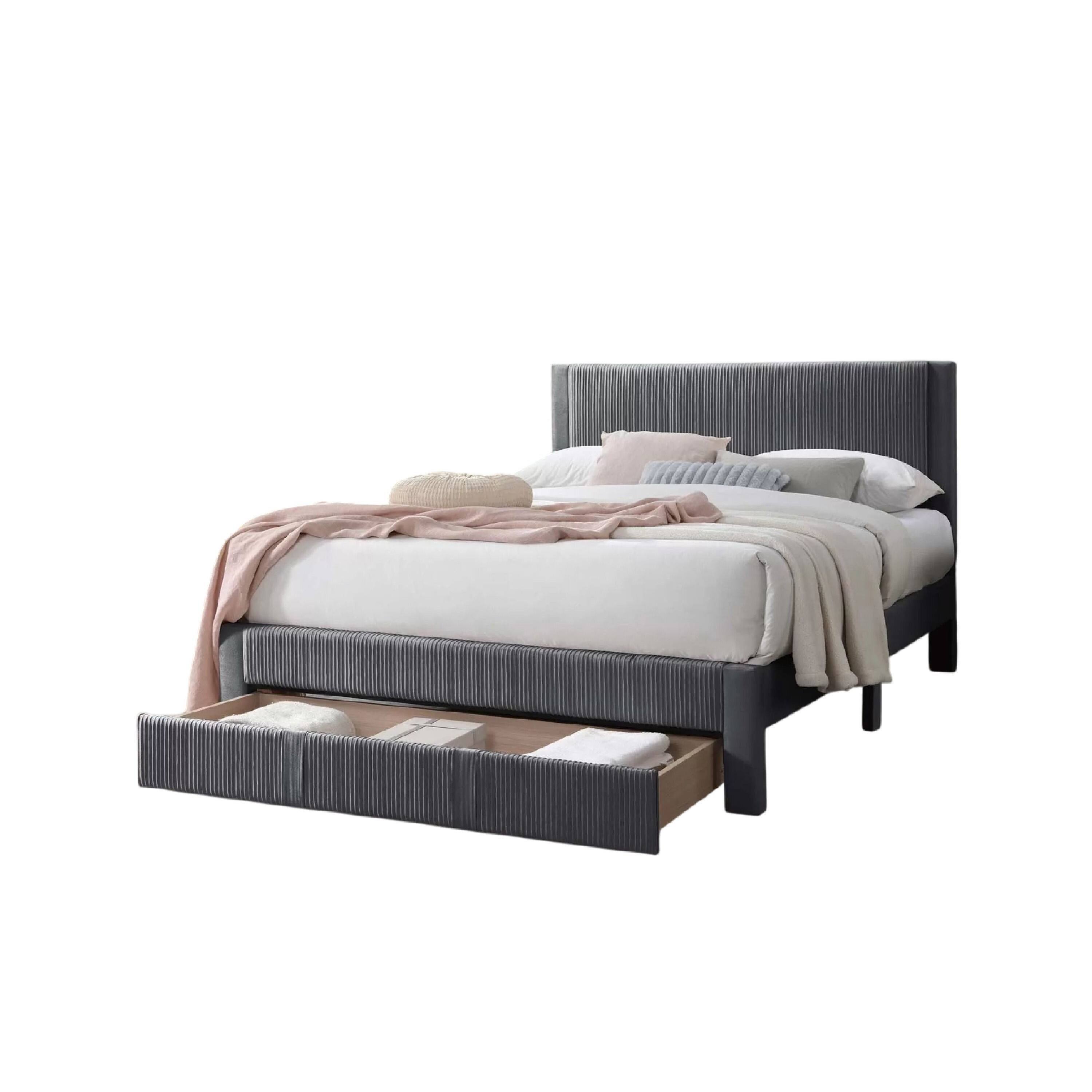 Left. Manhattan Lane - Daisy Full Bed w Drawer, Dark Gray Corduroy Upholstery, Foam Headboard - Dark Gray.