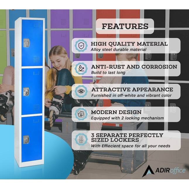 FEATURES
HIGH QUALITY MATERIAL
Alloy steel durable material
ANTI-RUST AND CORROSION
Build to last long
ATTRACTIVE APPEARANCE
Furnished in off-white and vibrant color
MODERN DESIGN
Equipped with 2 locking mechanism
3 SEPARATE PERFECTLY SIZED LOCKERS
With Effiecient space for all your needs
ADIRoffice