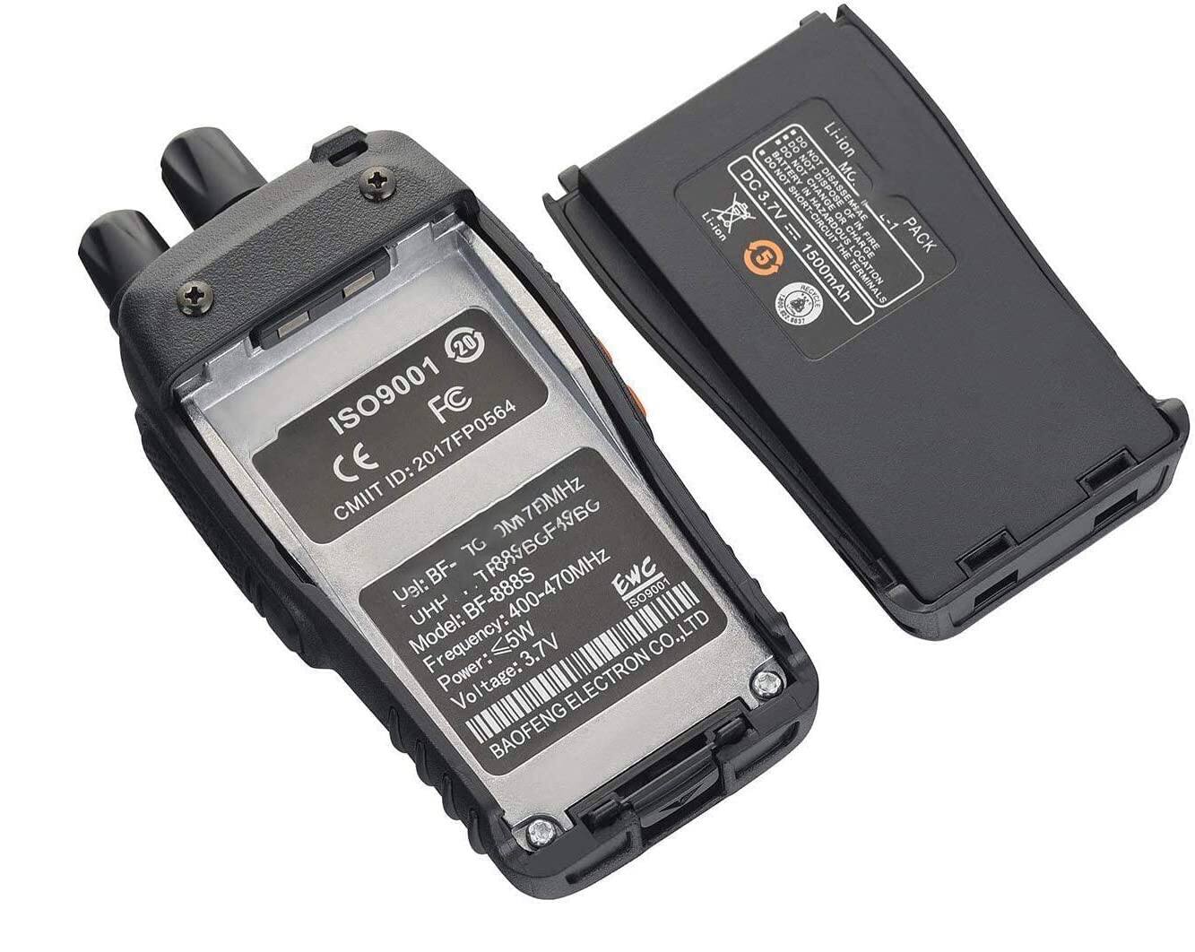 DO NOT DISPOSE OF IN FIRE OR MONT-CNCUOT LOCATION

Li-ion PACK 1500mAh

DC3.7V

ISO9001 2017FP0564

FC CE

ID: CMIIT OM7AMHz

BF-888S

Model: UHF

Frequency: 400-470MHz

Power: <5W

Voltage: 3.7V

BAOFENG ELECTRON CO., LTD

Li-ion PACK

DC3.7V

1500mAh

ISO9001

2017FP0564

FC CE

CMIIT ID: OM7AMHz

BF-888S

Model: UHF

Frequency: 400-470MHz

Power: <5W

Voltage: 3.7V

BAOFENG ELECTRON CO., LTD