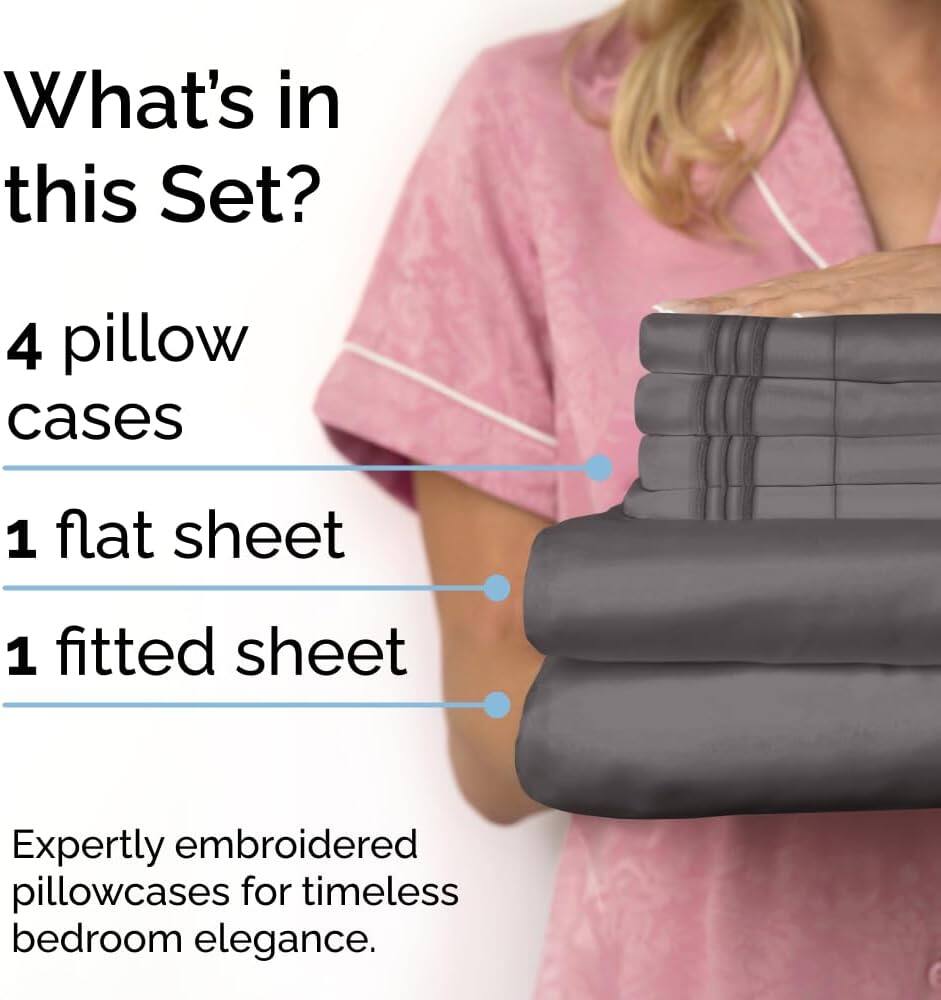 What's in this Set?

- 4 pillow cases
- 1 flat sheet
- 1 fitted sheet

Expertly embroidered pillowcases for timeless bedroom elegance.