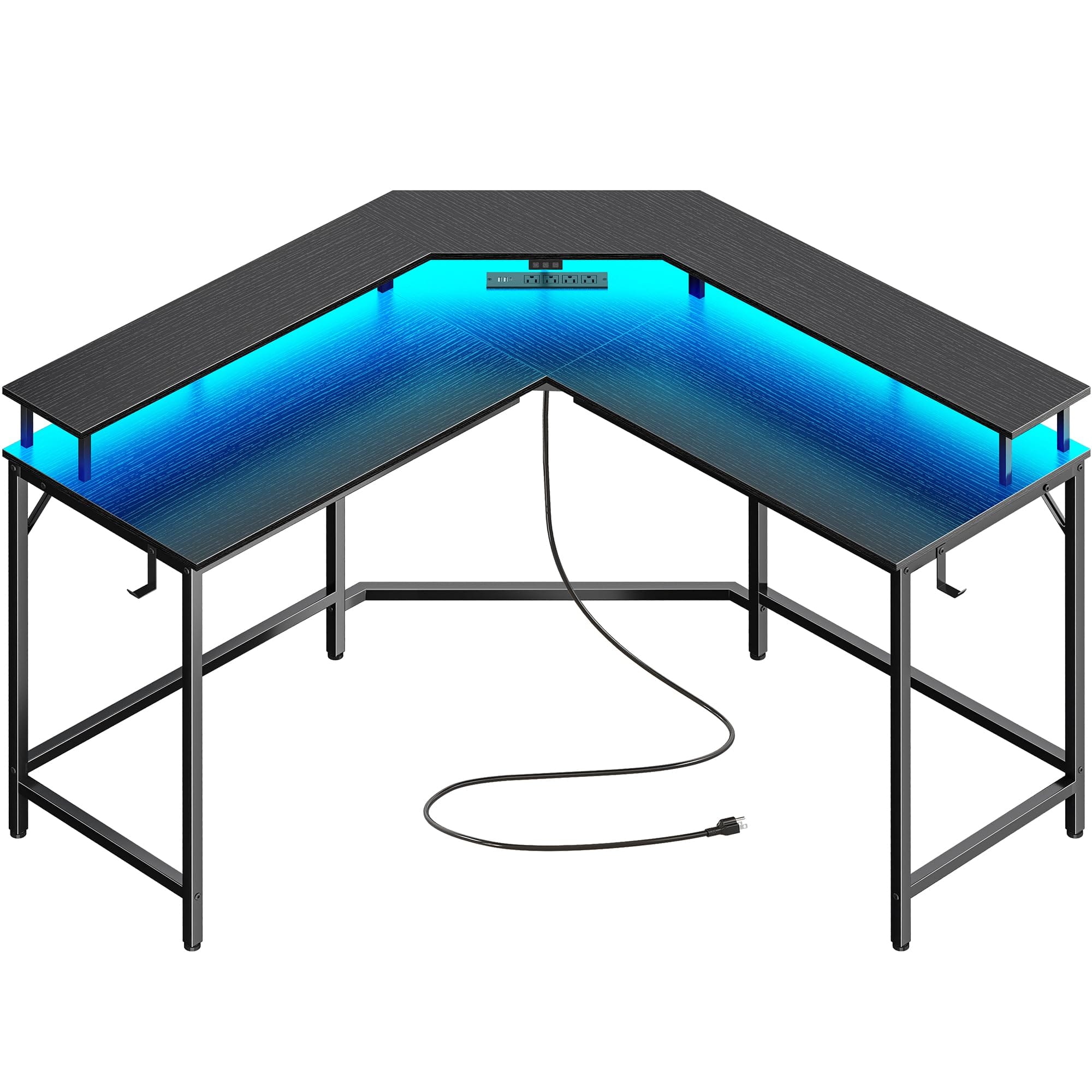 Hirose Alice - Huuger L Shaped Gaming Desk with Power Outlets & LED Lights, Computer Desk with Monitor Shelves, Carbon Fib - Black