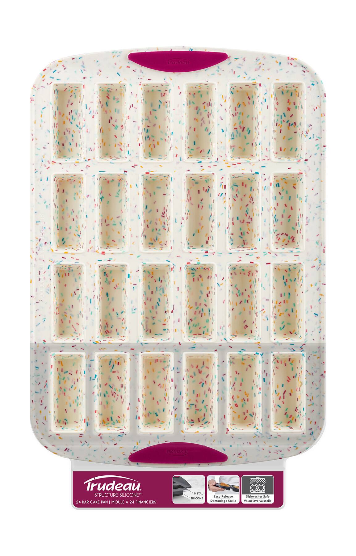 Trudeau IIII 0 HII Trudeau. STRUCTURE SILICONE 24 BAR CAKE PAN | MOULE À 24 FINANCIERS METAL SILICONE. Easy Release | Demoulage facile. Dishwasher Safe | Va au lave-vaisselle